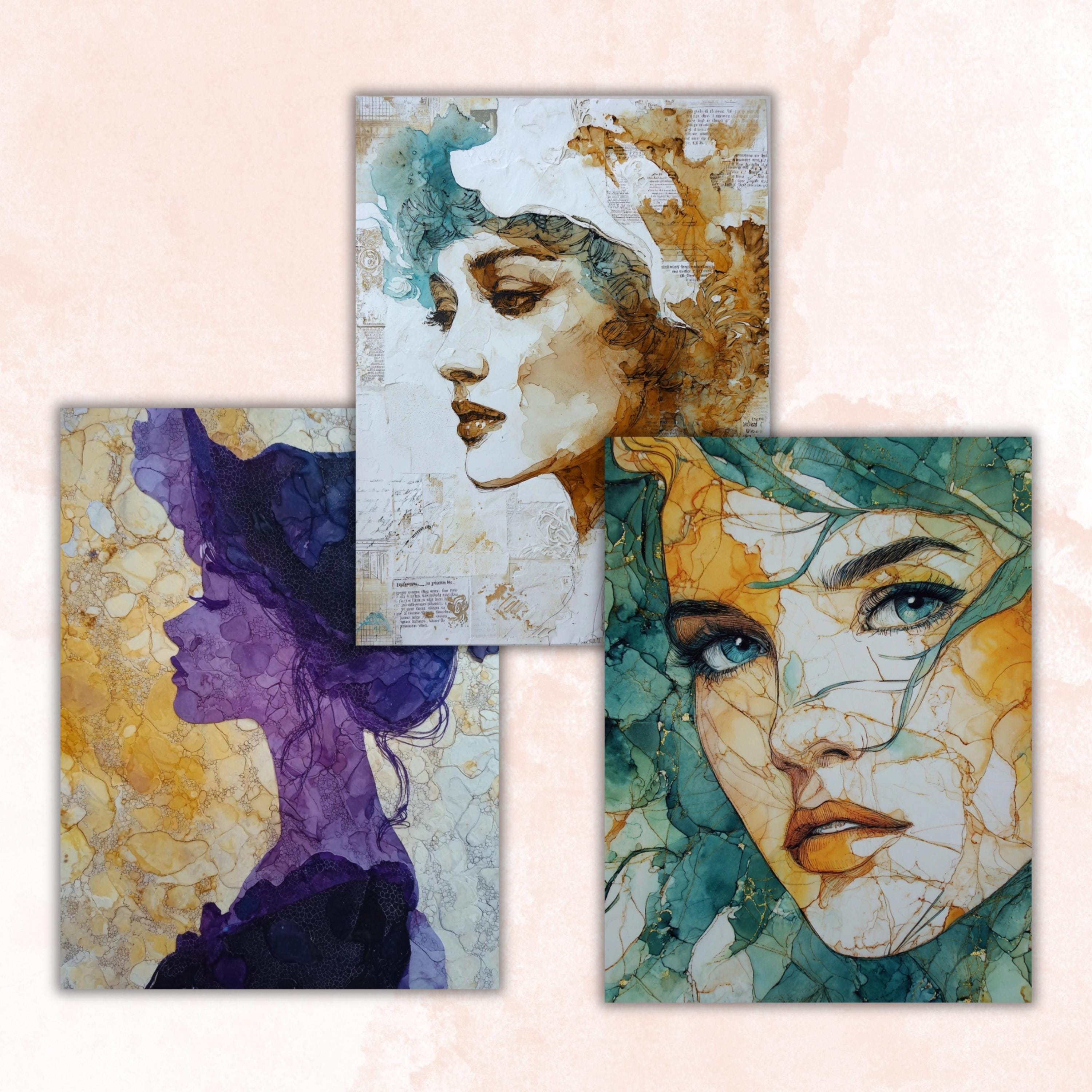 Alcohol Ink Woman Pages, Abstract Female Art Backgrounds, Colorful Portrait Junk Journal Paper, Modern Aesthetic Printable, Letter Size