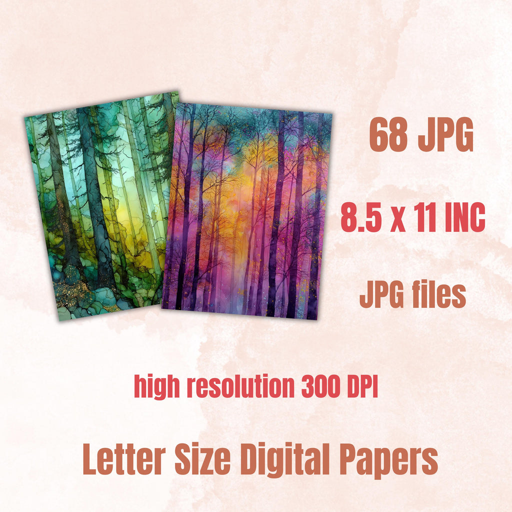 Alcohol Ink Forest Pages, Abstract Woodland Backgrounds, Nature Fluid Art Junk Journal Paper, Green Aesthetic Printable, Letter Size