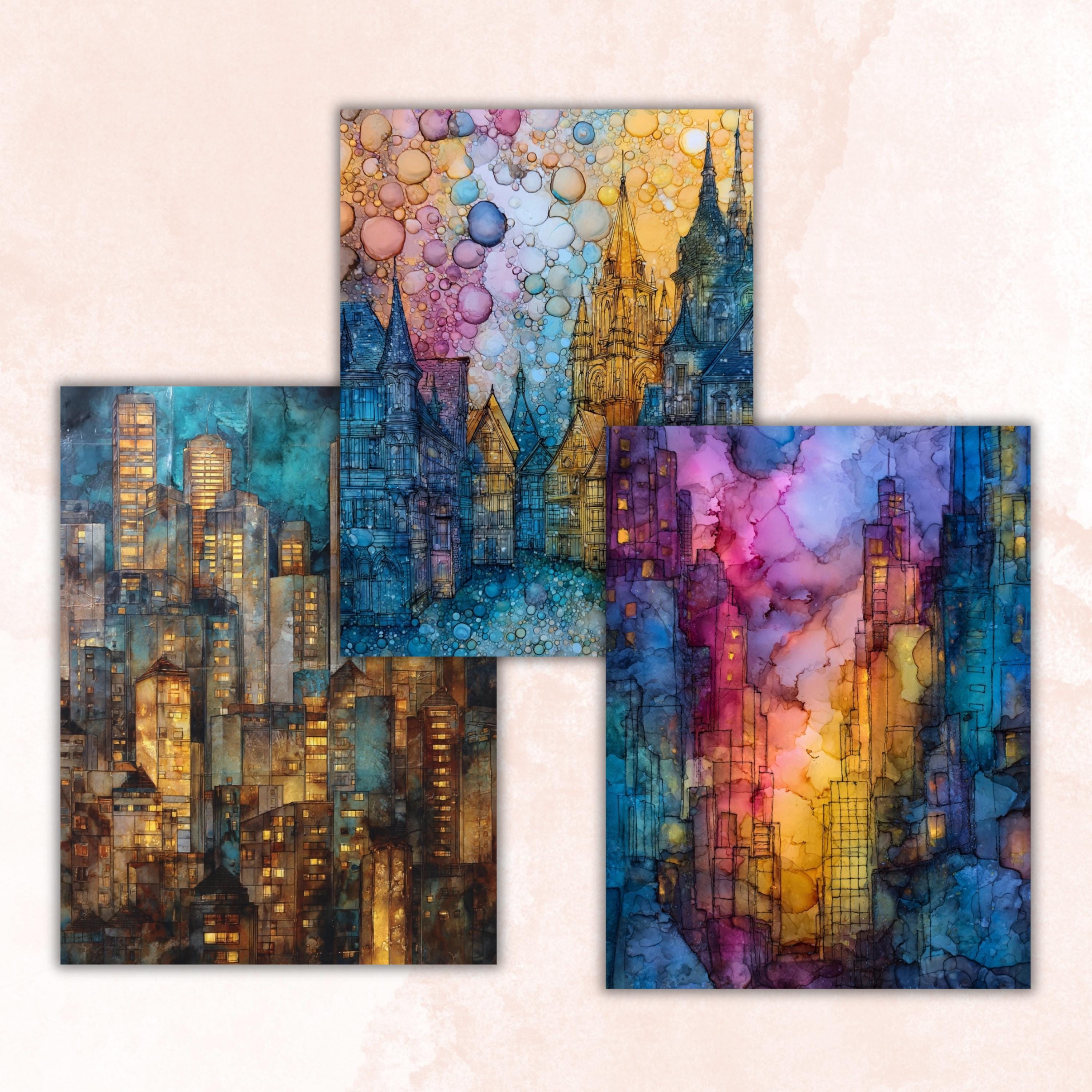 Alcohol Ink City Pages, Abstract Urban Backgrounds, Modern City Texture Junk Journal Paper, Colorful Aesthetic Printable, Letter Size