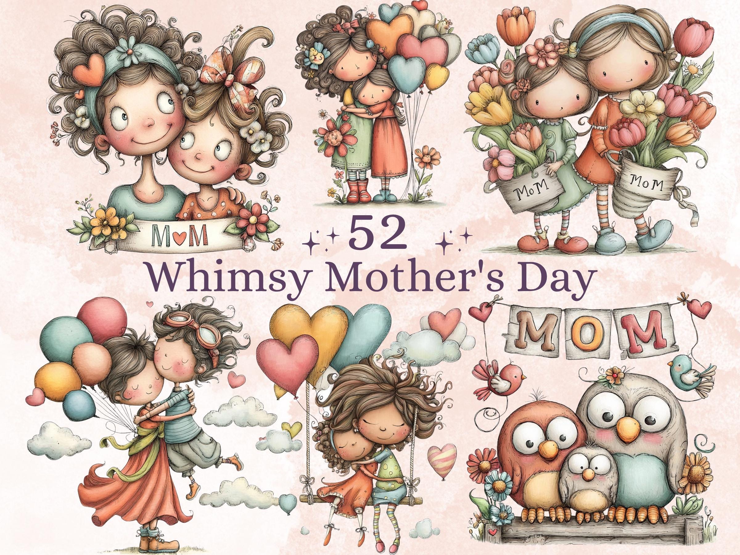 Whimsical Mother's Day Clipart Bundle | 52 Quirky Mom PNG Graphics (Digital Download)
