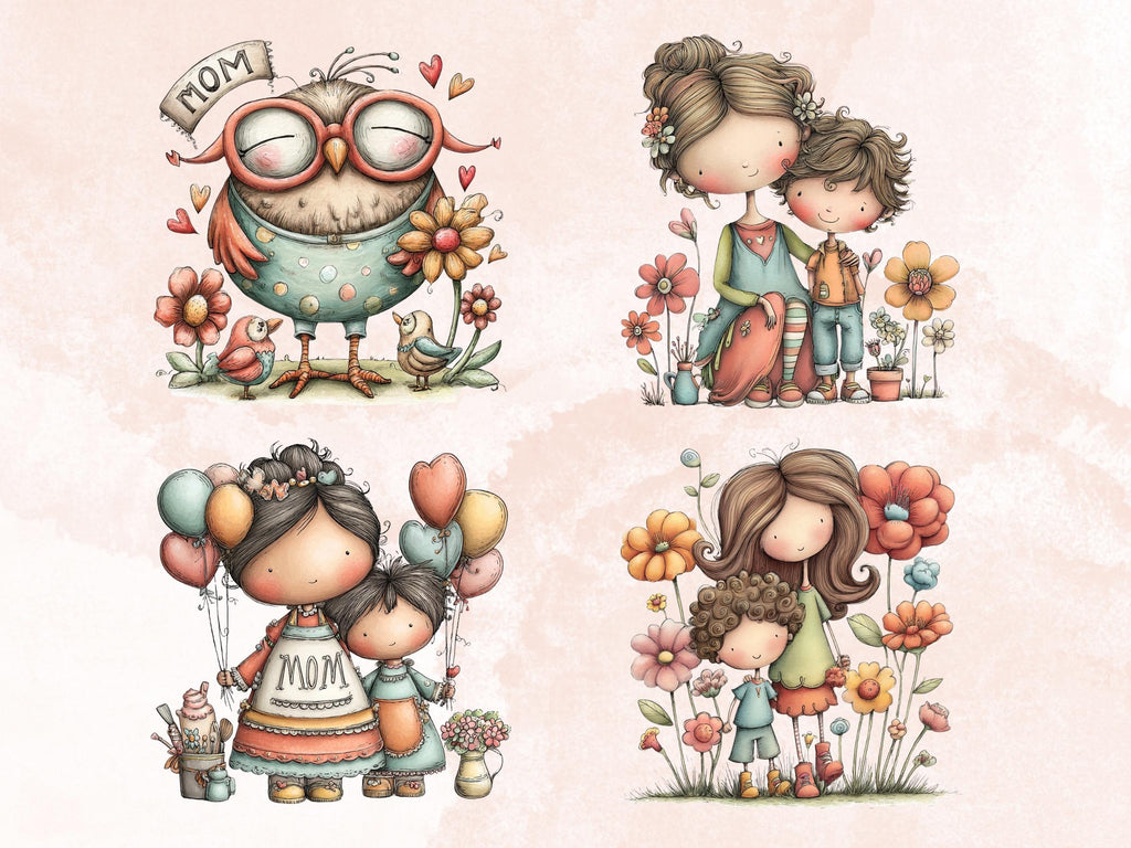 Whimsical Mother's Day Clipart Bundle | 52 Quirky Mom PNG Graphics (Digital Download)