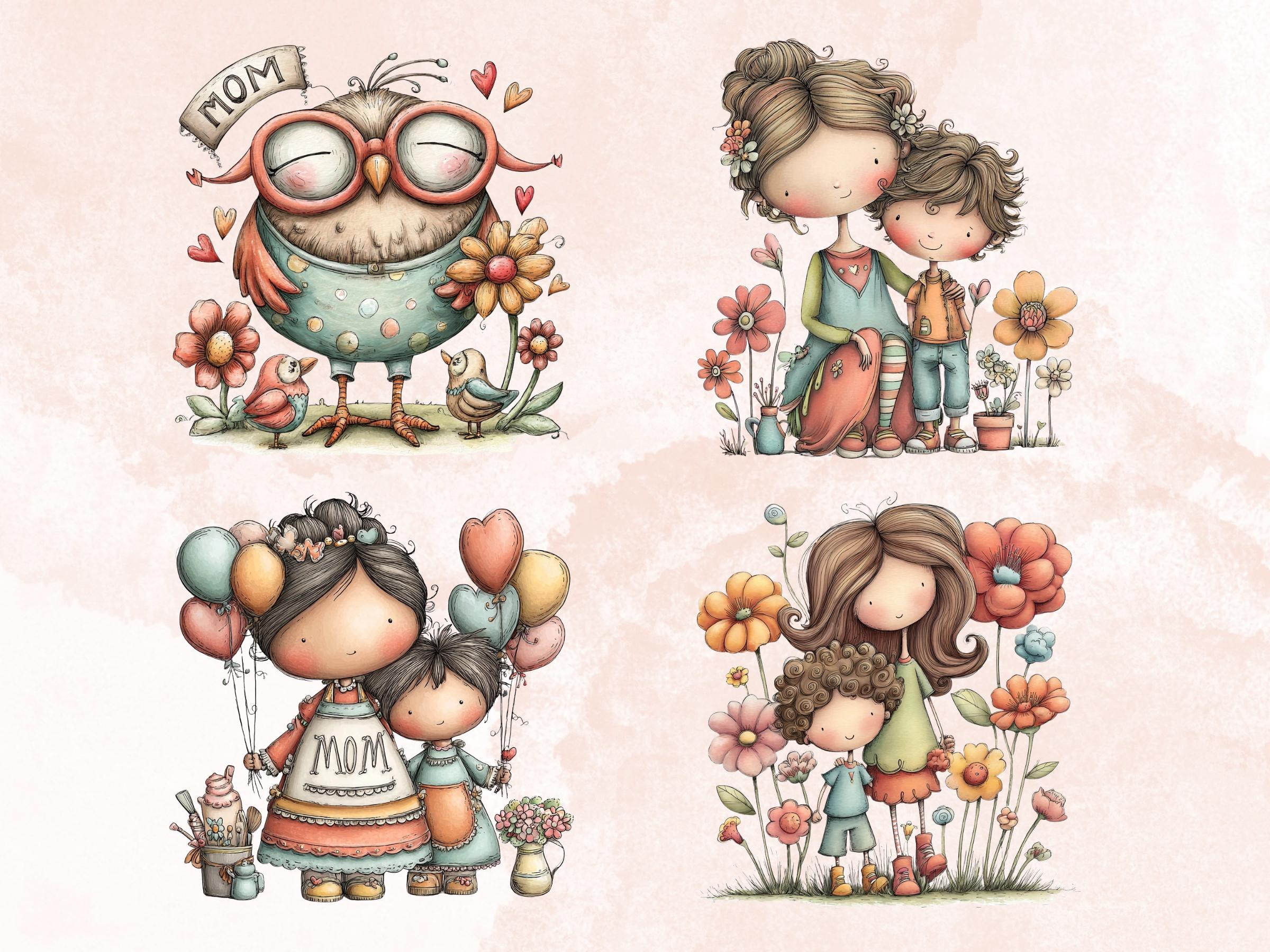 Whimsical Mother's Day Clipart Bundle | 52 Quirky Mom PNG Graphics (Digital Download)
