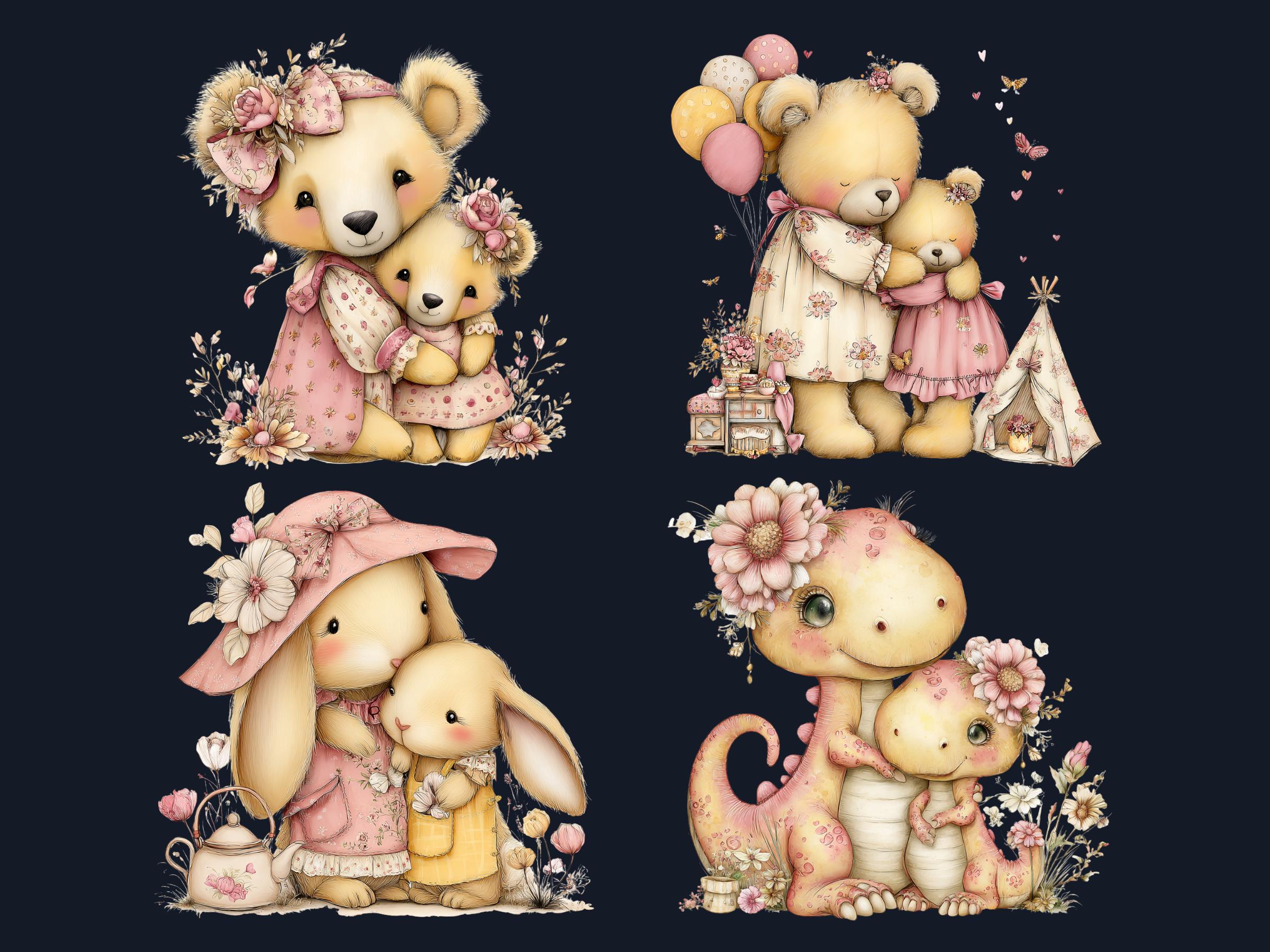 Pastel Mother's Day Animal Clipart | Whimsical Mom Baby PNG Illustrations (Digital Download)