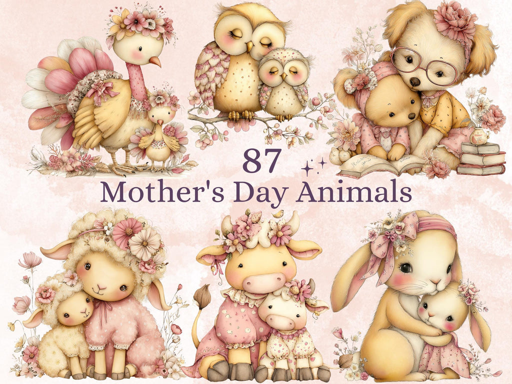 Pastel Mother's Day Animal Clipart | Whimsical Mom Baby PNG Illustrations (Digital Download)
