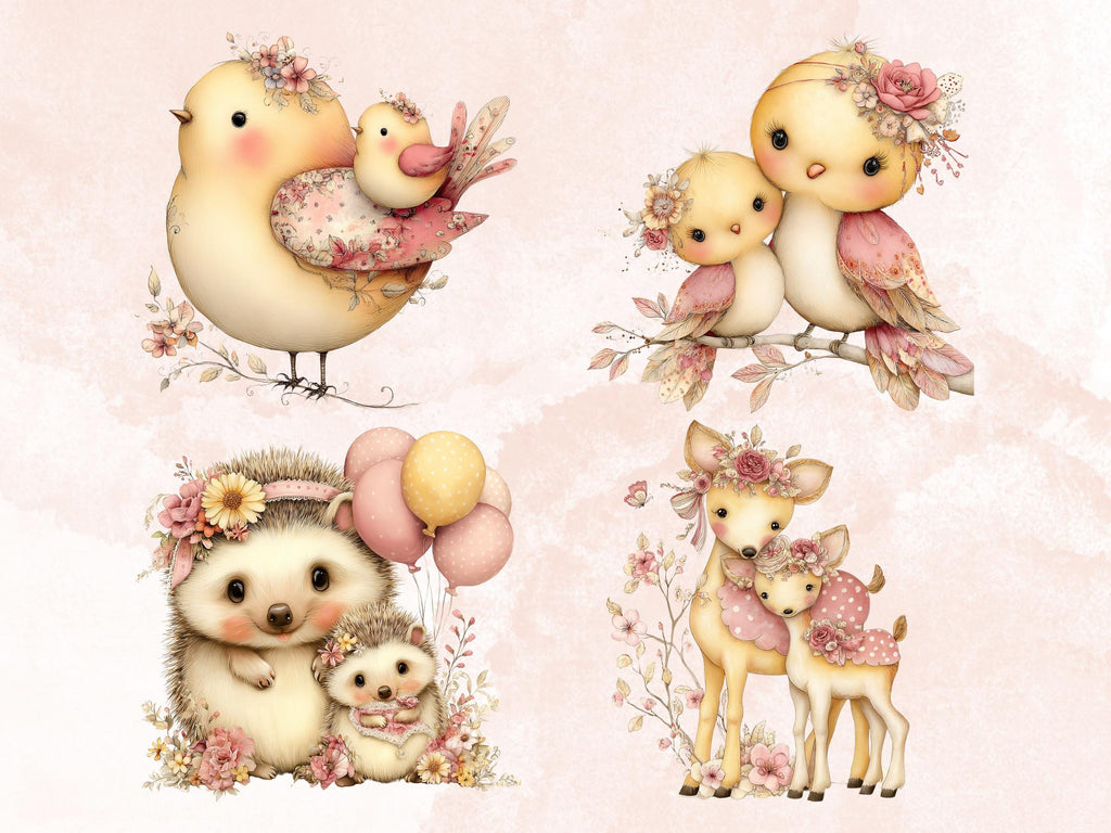 Pastel Mother's Day Animal Clipart | Whimsical Mom Baby PNG Illustrations (Digital Download)