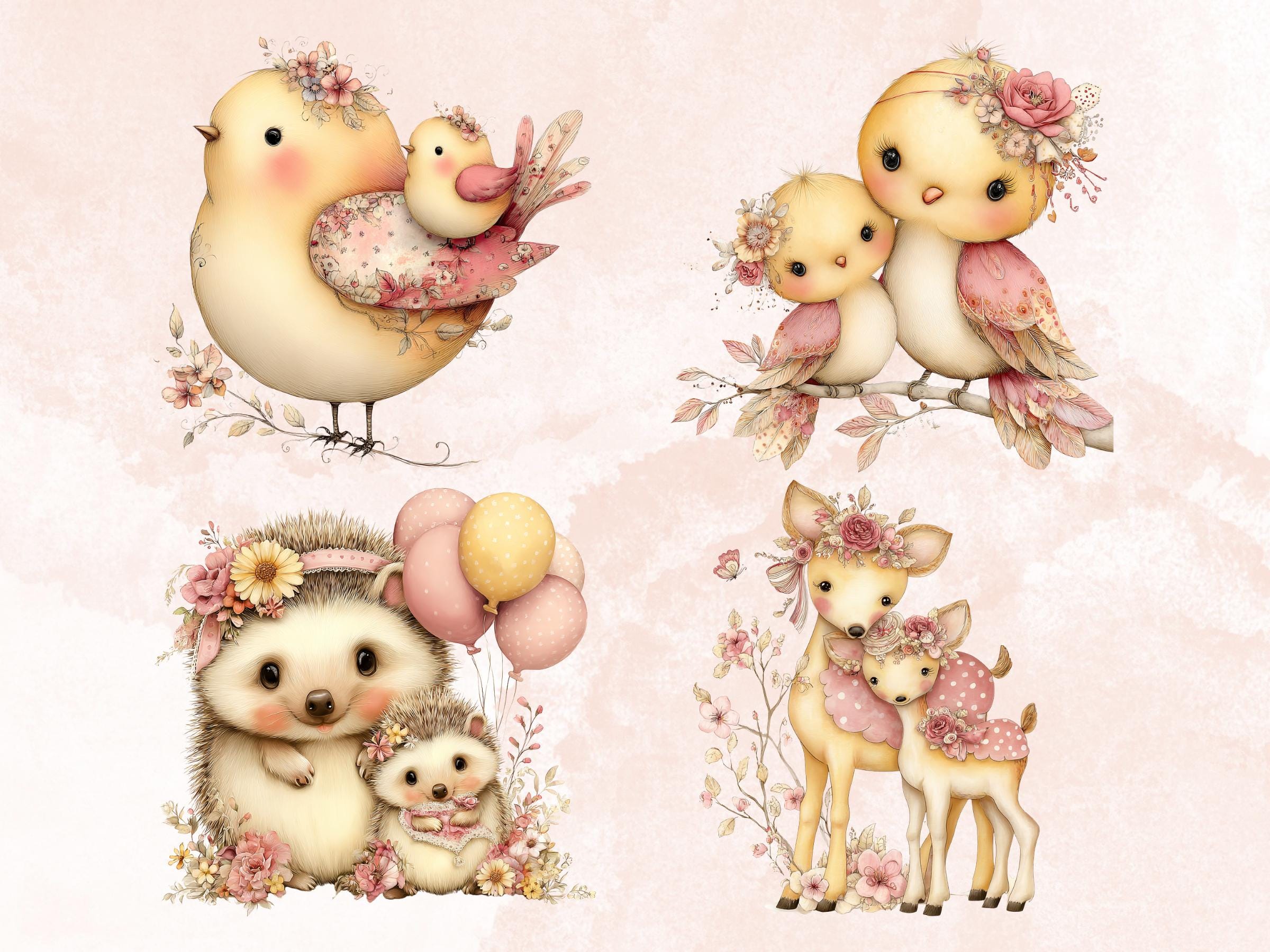 Pastel Mother's Day Animal Clipart | Whimsical Mom Baby PNG Illustrations (Digital Download)