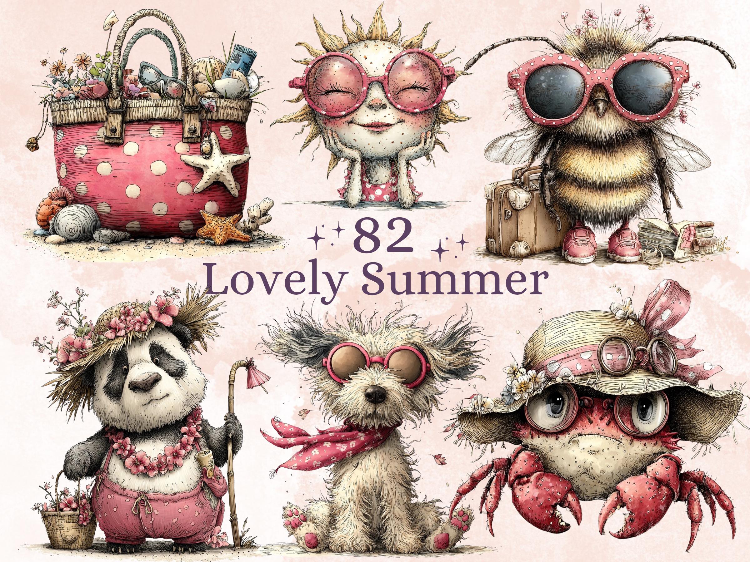 Pinky Summer Clipart Bundle | 82 Whimsical Quirky Beach PNG Graphics (Digital Download)