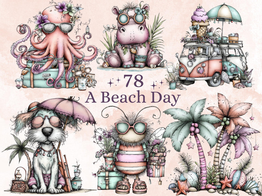 Beach Day Clipart Bundle | 78 Whimsical Quirky Beach PNG | Summer Holiday Digital Download