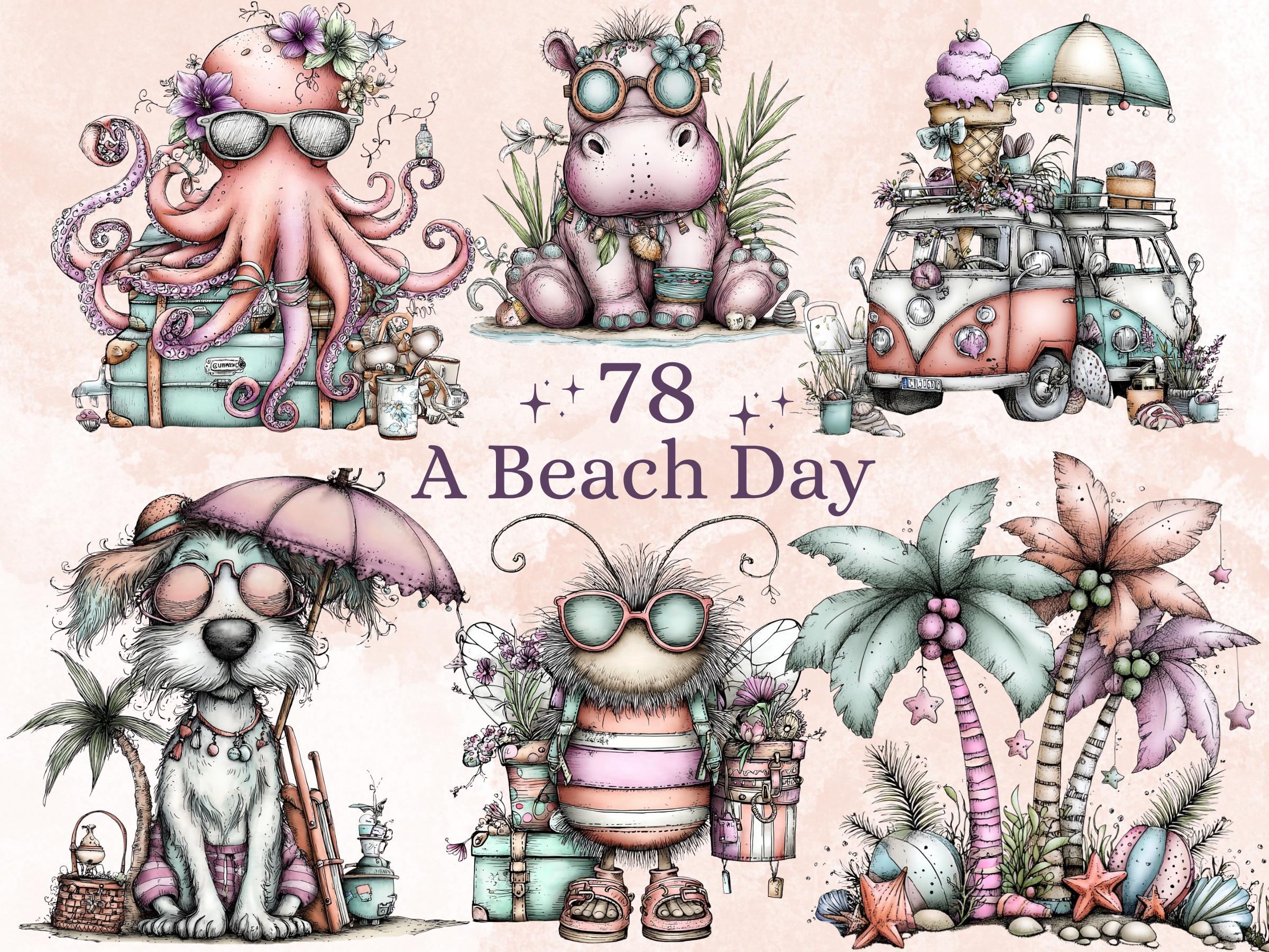 Beach Day Clipart Bundle | 78 Whimsical Quirky Beach PNG | Summer Holiday Digital Download
