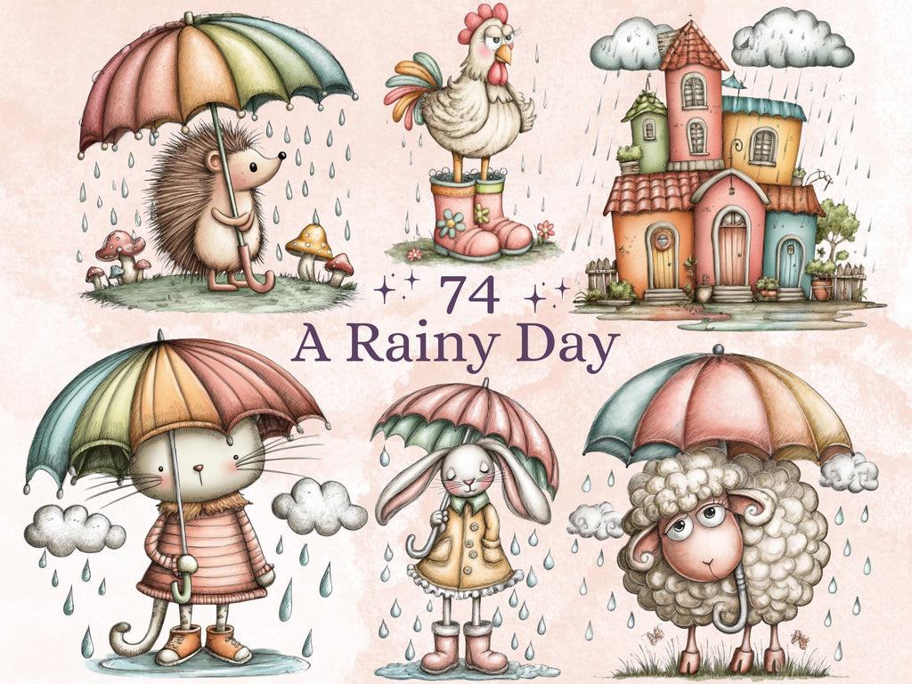 Rainy Day Clipart Bundle | 74 Whimsical Quirky Rain PNG | Umbrella Animals Digital Download
