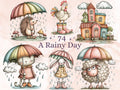 Rainy Day Clipart Bundle | 74 Whimsical Quirky Rain PNG | Umbrella Animals Digital Download