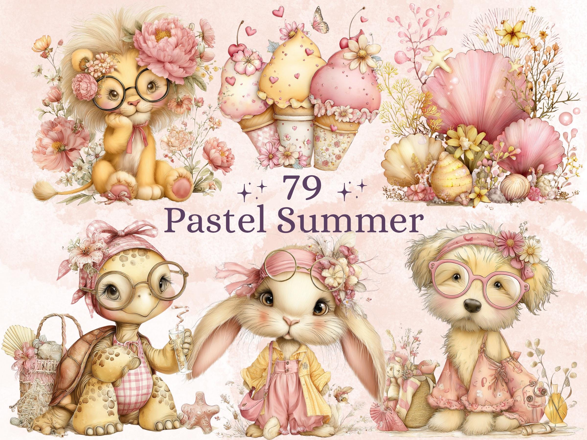 Pastel Summer Clipart Bundle | 79 Soft Whimsical Summer PNG | Beach Animals Digital Download