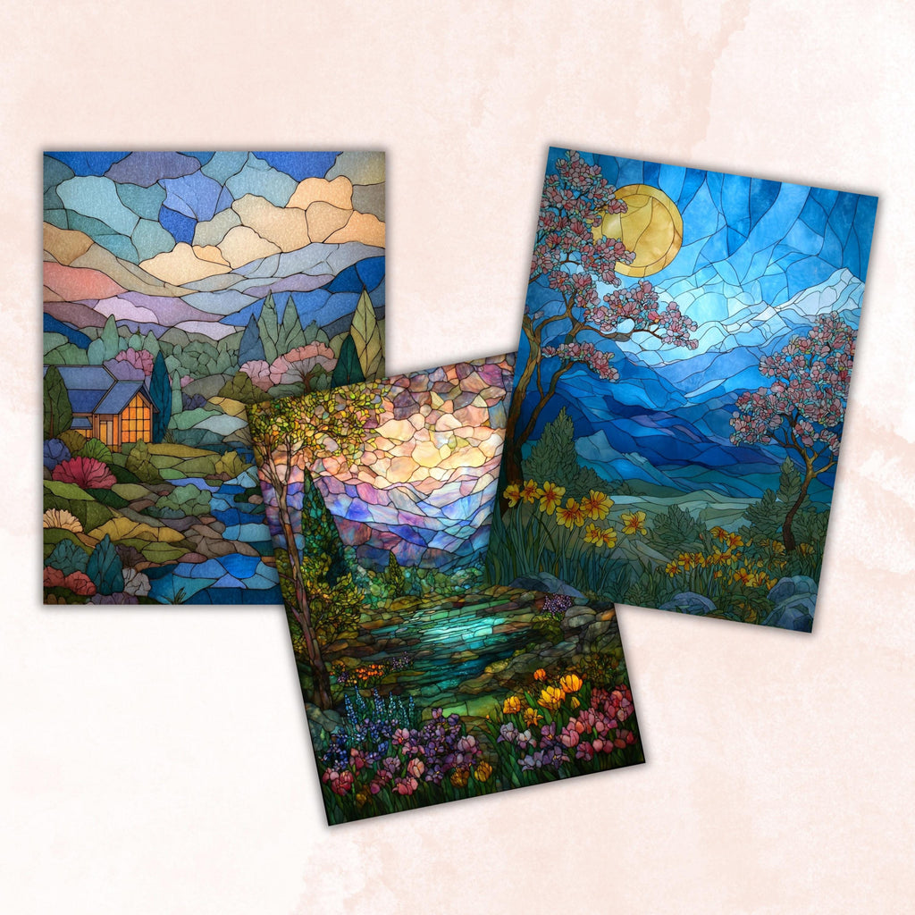 Stained Glass Spring Pages, Colorful Floral Backgrounds, Mosaic Art Junk Journal Paper, Vibrant Aesthetic Printable, Letter Size