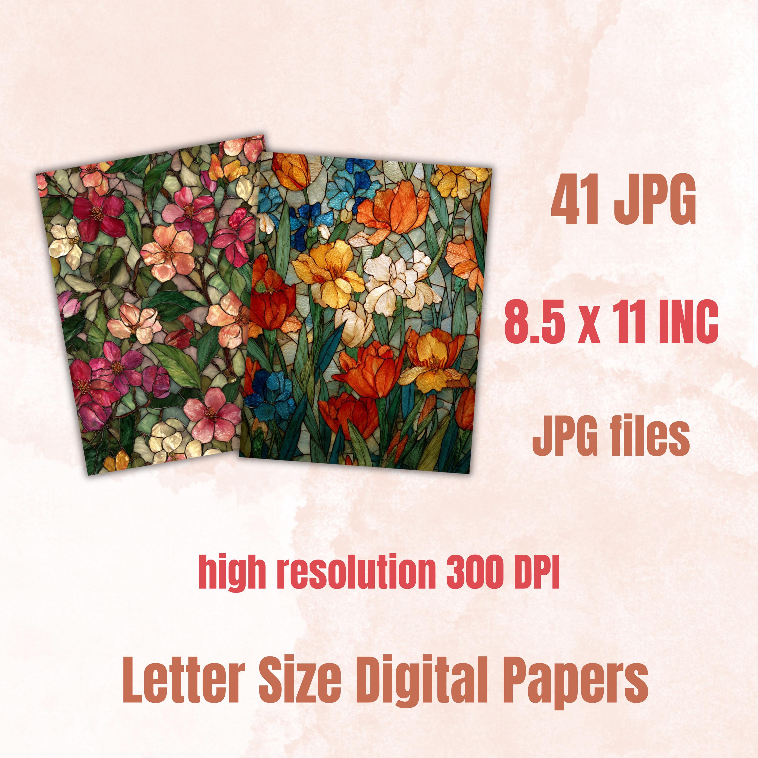 Stained Glass Garden Pages, Botanical Mosaic Backgrounds, Colorful Floral Junk Journal Paper, Vibrant Aesthetic Printable, Letter Size