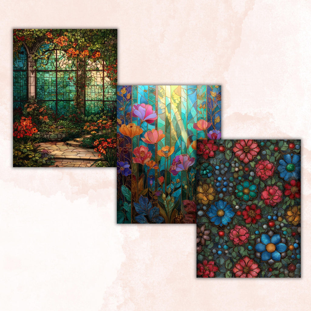 Stained Glass Garden Pages, Botanical Mosaic Backgrounds, Colorful Floral Junk Journal Paper, Vibrant Aesthetic Printable, Letter Size