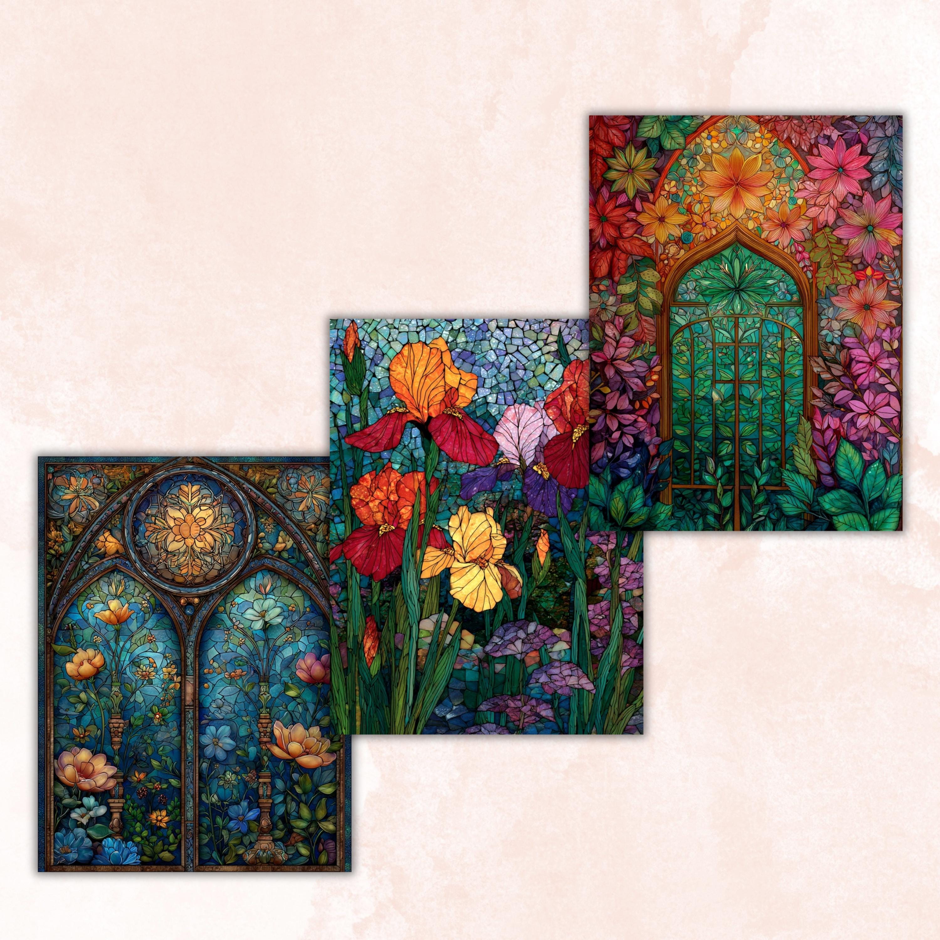 Stained Glass Garden Pages, Botanical Mosaic Backgrounds, Colorful Floral Junk Journal Paper, Vibrant Aesthetic Printable, Letter Size