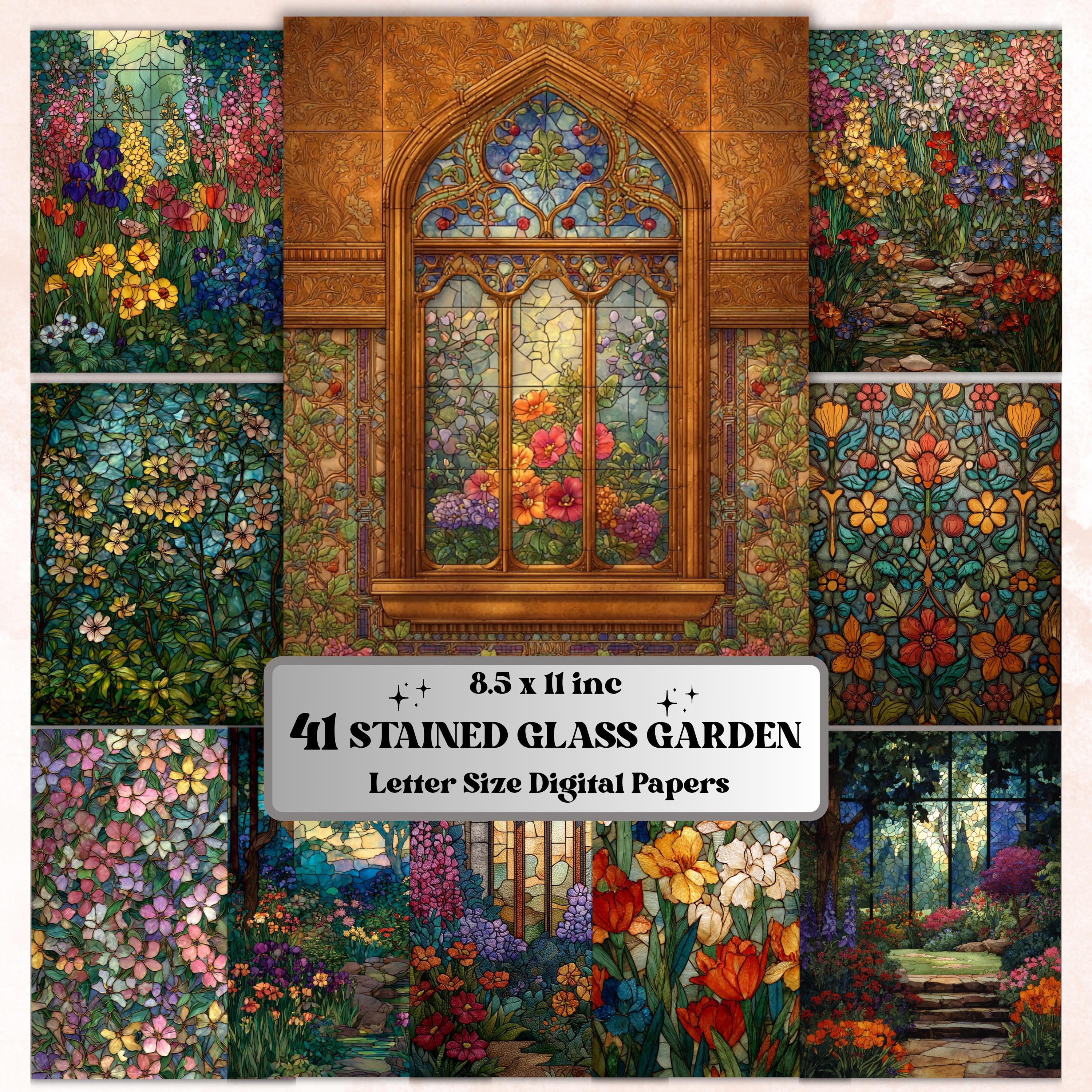 Stained Glass Garden Pages, Botanical Mosaic Backgrounds, Colorful Floral Junk Journal Paper, Vibrant Aesthetic Printable, Letter Size