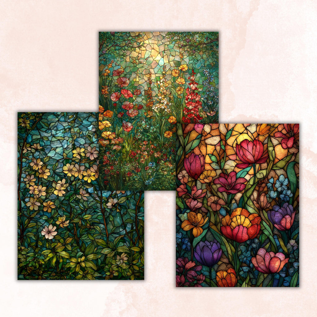 Stained Glass Garden Pages, Botanical Mosaic Backgrounds, Colorful Floral Junk Journal Paper, Vibrant Aesthetic Printable, Letter Size