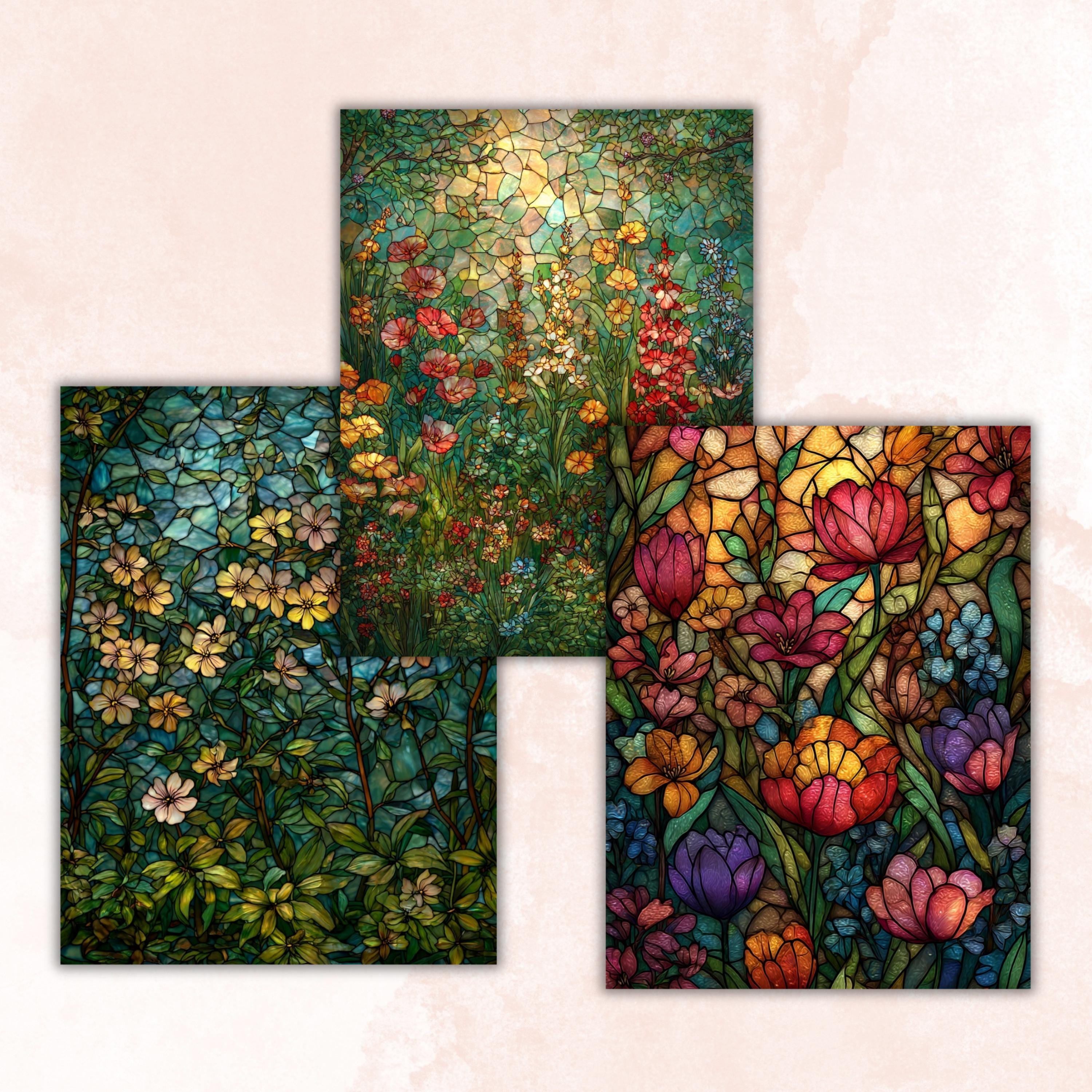 Stained Glass Garden Pages, Botanical Mosaic Backgrounds, Colorful Floral Junk Journal Paper, Vibrant Aesthetic Printable, Letter Size