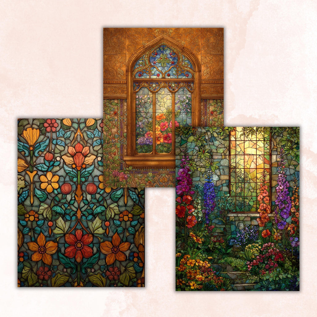 Stained Glass Garden Pages, Botanical Mosaic Backgrounds, Colorful Floral Junk Journal Paper, Vibrant Aesthetic Printable, Letter Size