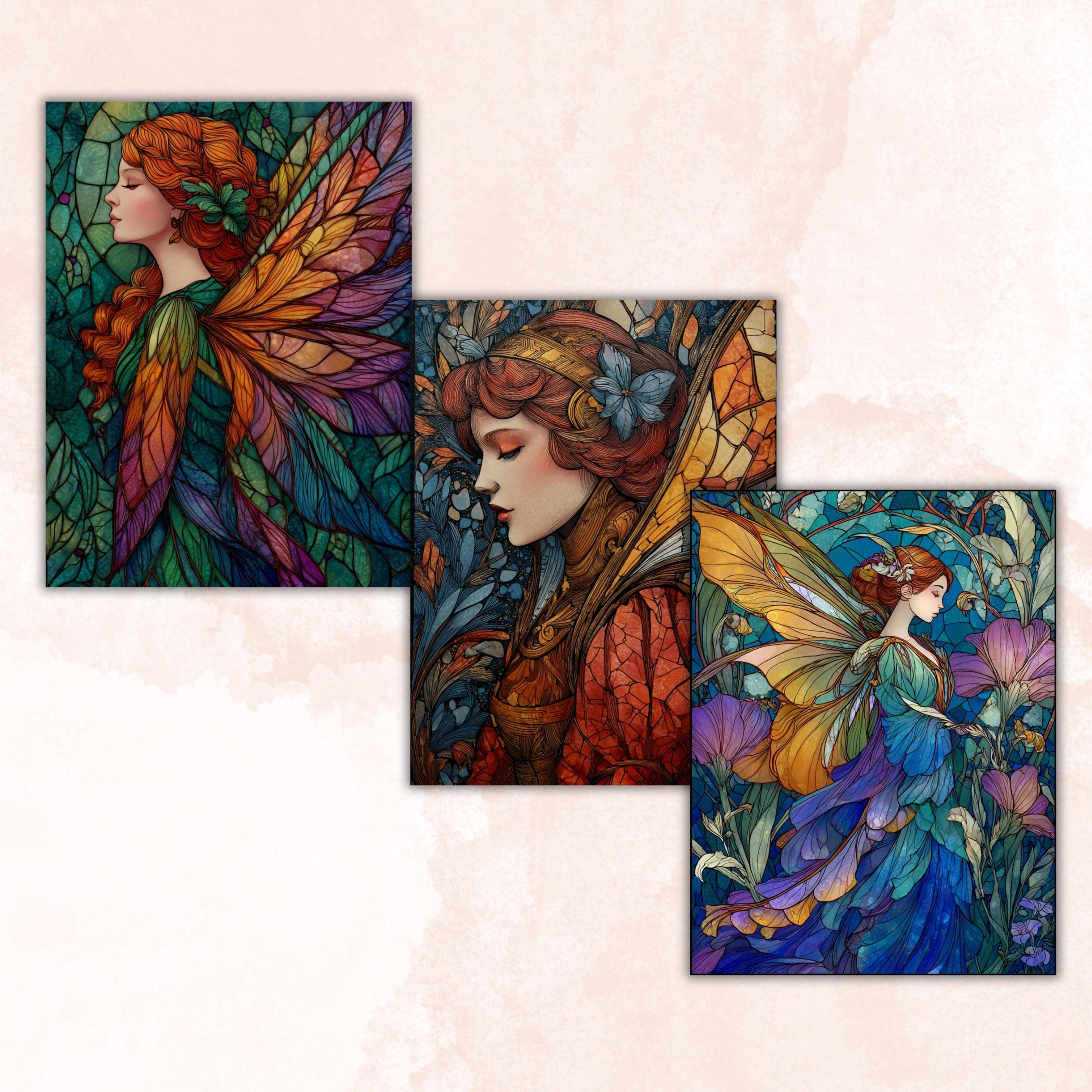 Stained Glass Fairy Pages, Fantasy Mosaic Backgrounds, Magical Fairy Junk Journal Paper, Colorful Aesthetic Printable, Letter Size