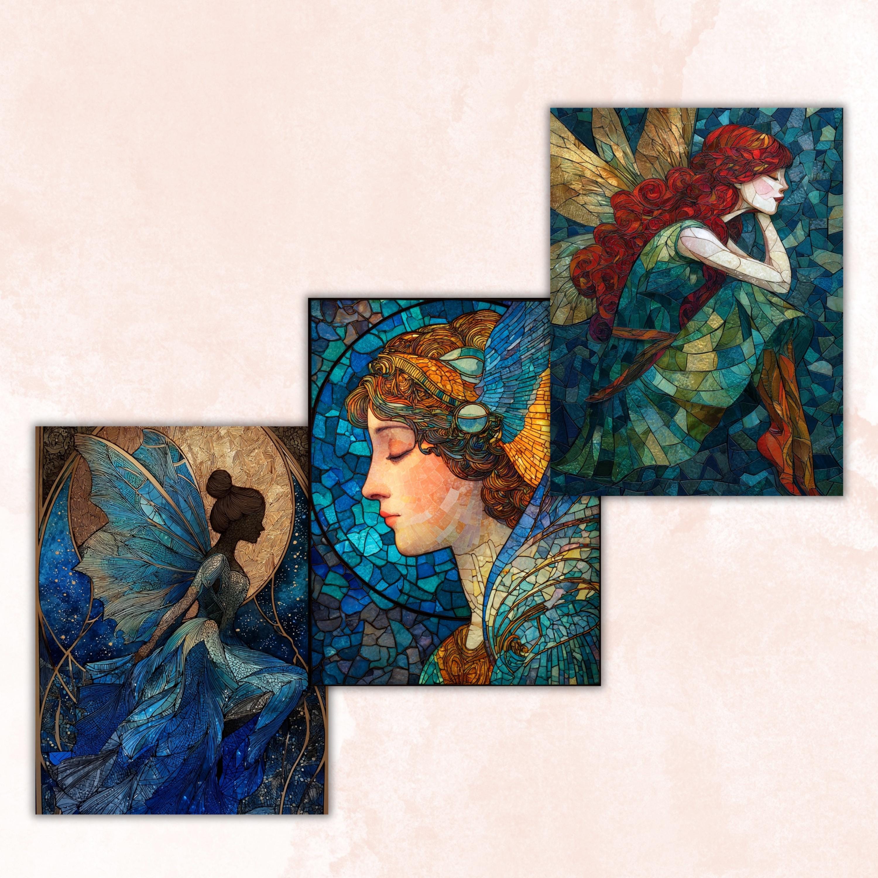 Stained Glass Fairy Pages, Fantasy Mosaic Backgrounds, Magical Fairy Junk Journal Paper, Colorful Aesthetic Printable, Letter Size