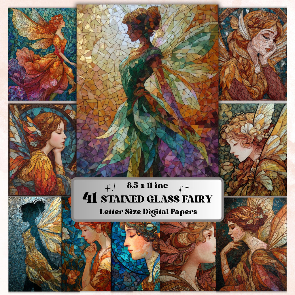Stained Glass Fairy Pages, Fantasy Mosaic Backgrounds, Magical Fairy Junk Journal Paper, Colorful Aesthetic Printable, Letter Size