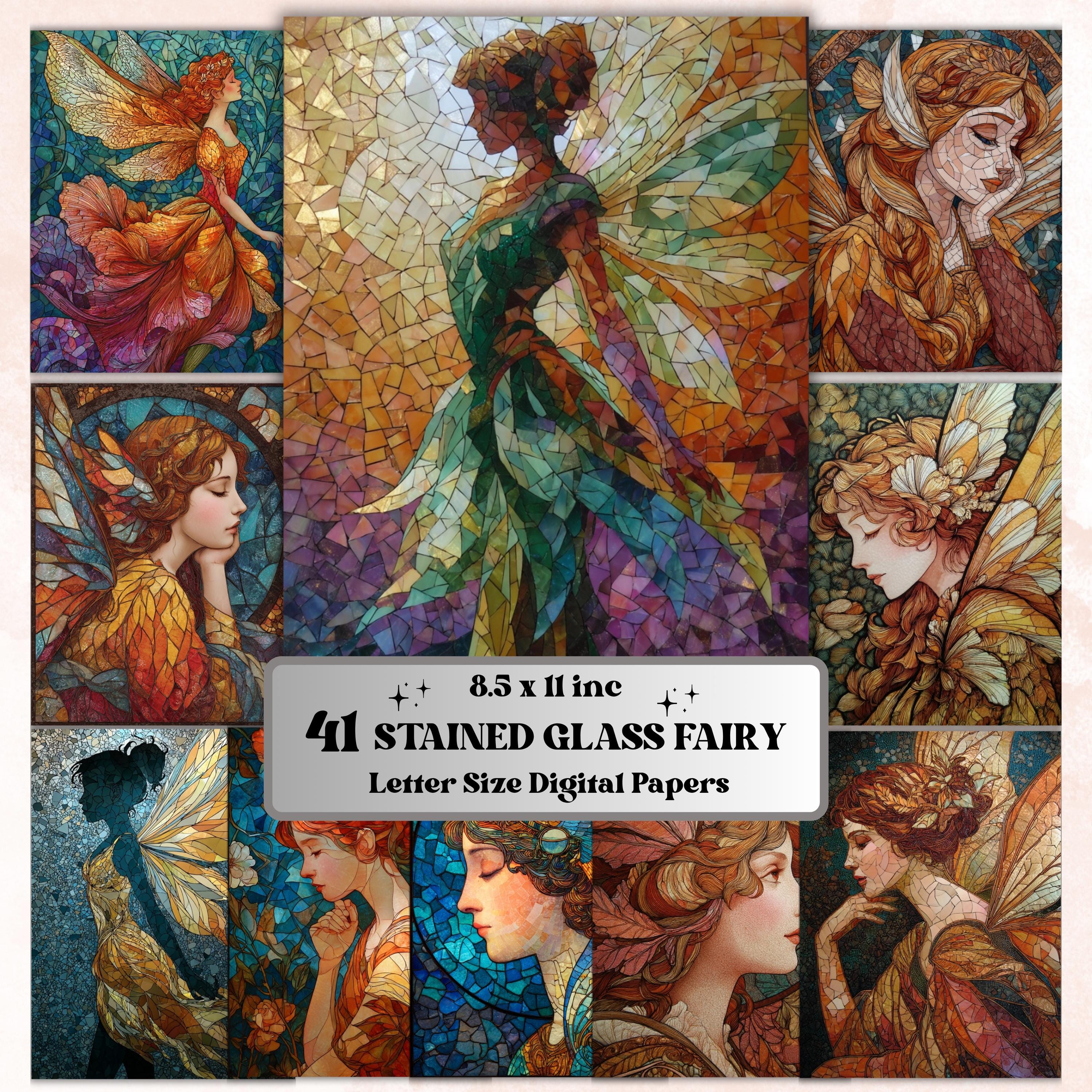 Stained Glass Fairy Pages, Fantasy Mosaic Backgrounds, Magical Fairy Junk Journal Paper, Colorful Aesthetic Printable, Letter Size