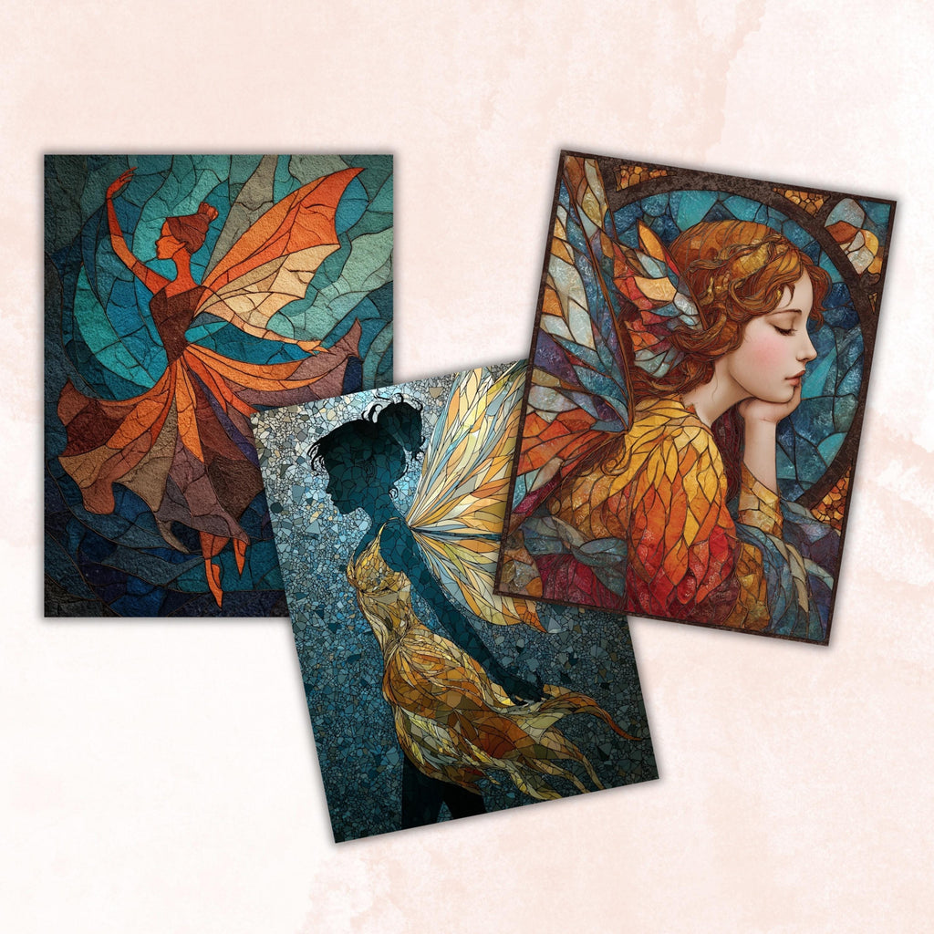 Stained Glass Fairy Pages, Fantasy Mosaic Backgrounds, Magical Fairy Junk Journal Paper, Colorful Aesthetic Printable, Letter Size
