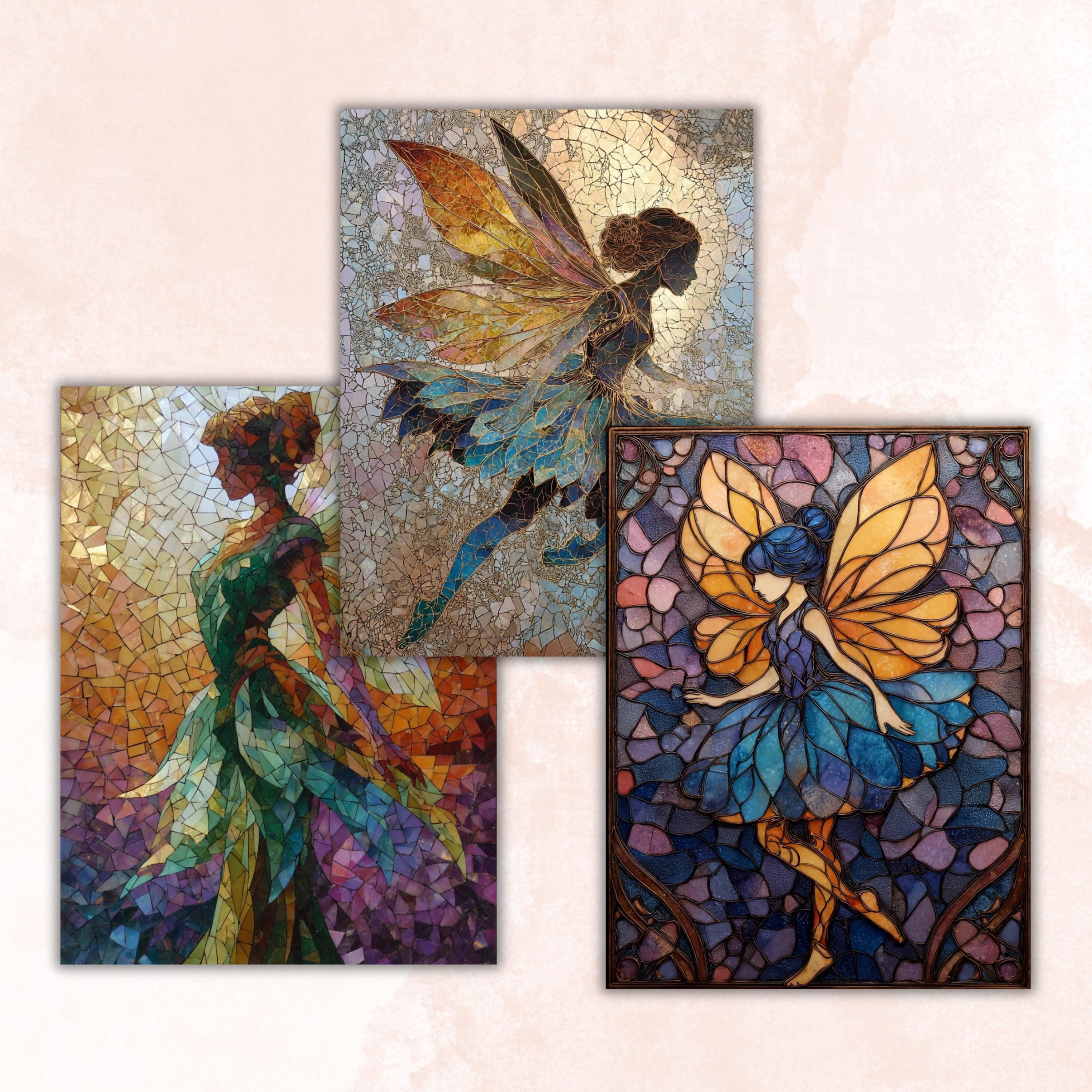 Stained Glass Fairy Pages, Fantasy Mosaic Backgrounds, Magical Fairy Junk Journal Paper, Colorful Aesthetic Printable, Letter Size