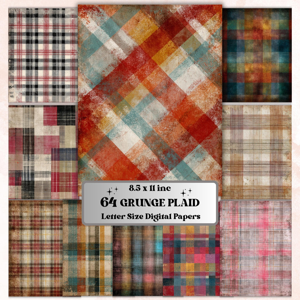 Grunge Plaid Pages, Tartan Backgrounds, Gingham Pattern Junk Journal Paper, Vintage Fabric Texture Printable, Letter Size