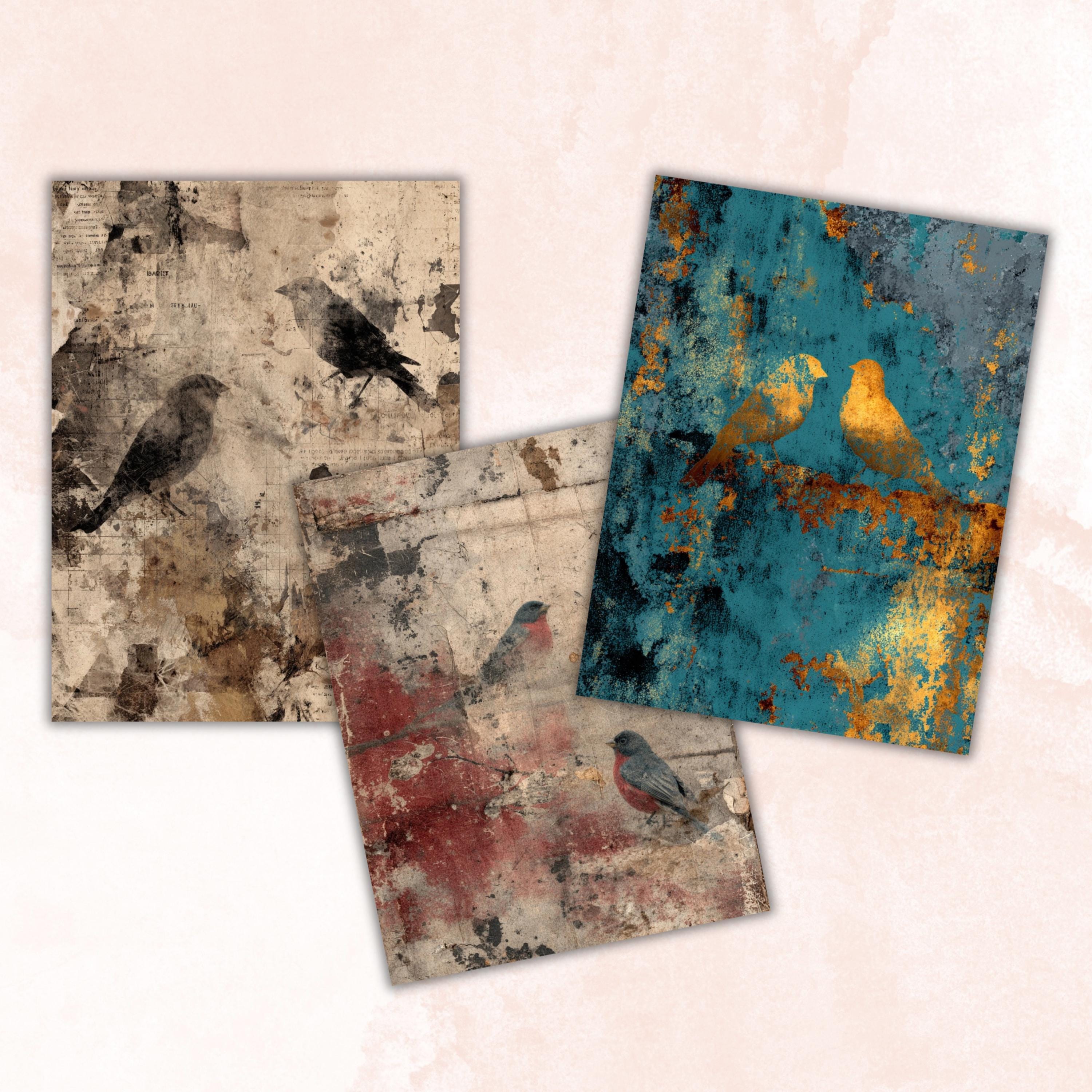 Grunge Birds Pages, Vintage Bird Collage Backgrounds, Nature Junk Journal Paper, Rustic Wildlife Printable, Letter Size