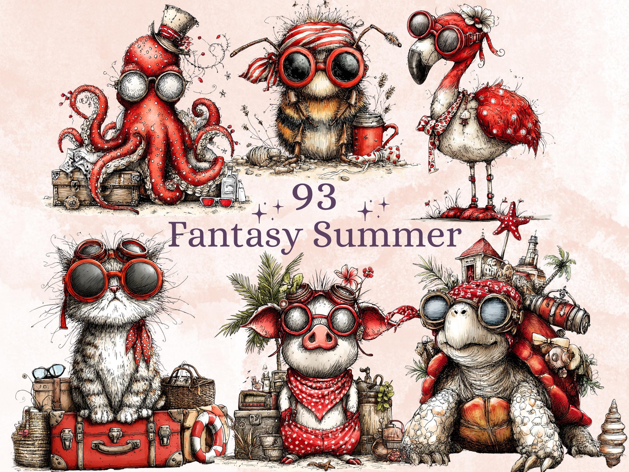 Fantasy Summer Clipart Bundle | 93 Whimsical Quirky Beach PNG | Floral Summer Download