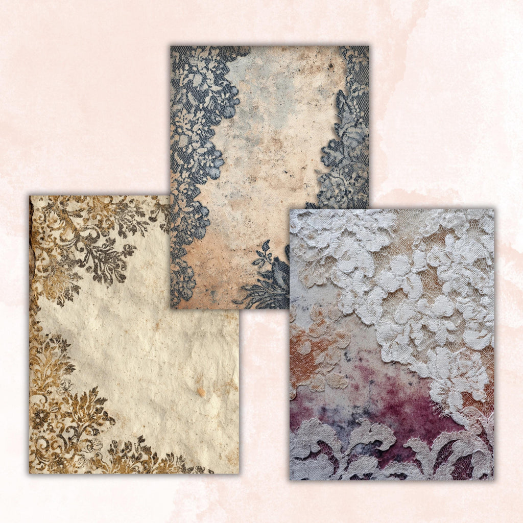 Grunge Lace Pages, Vintage Lace Backgrounds, Shabby Chic Junk Journal Paper, Elegant Collage Printable, Letter Size