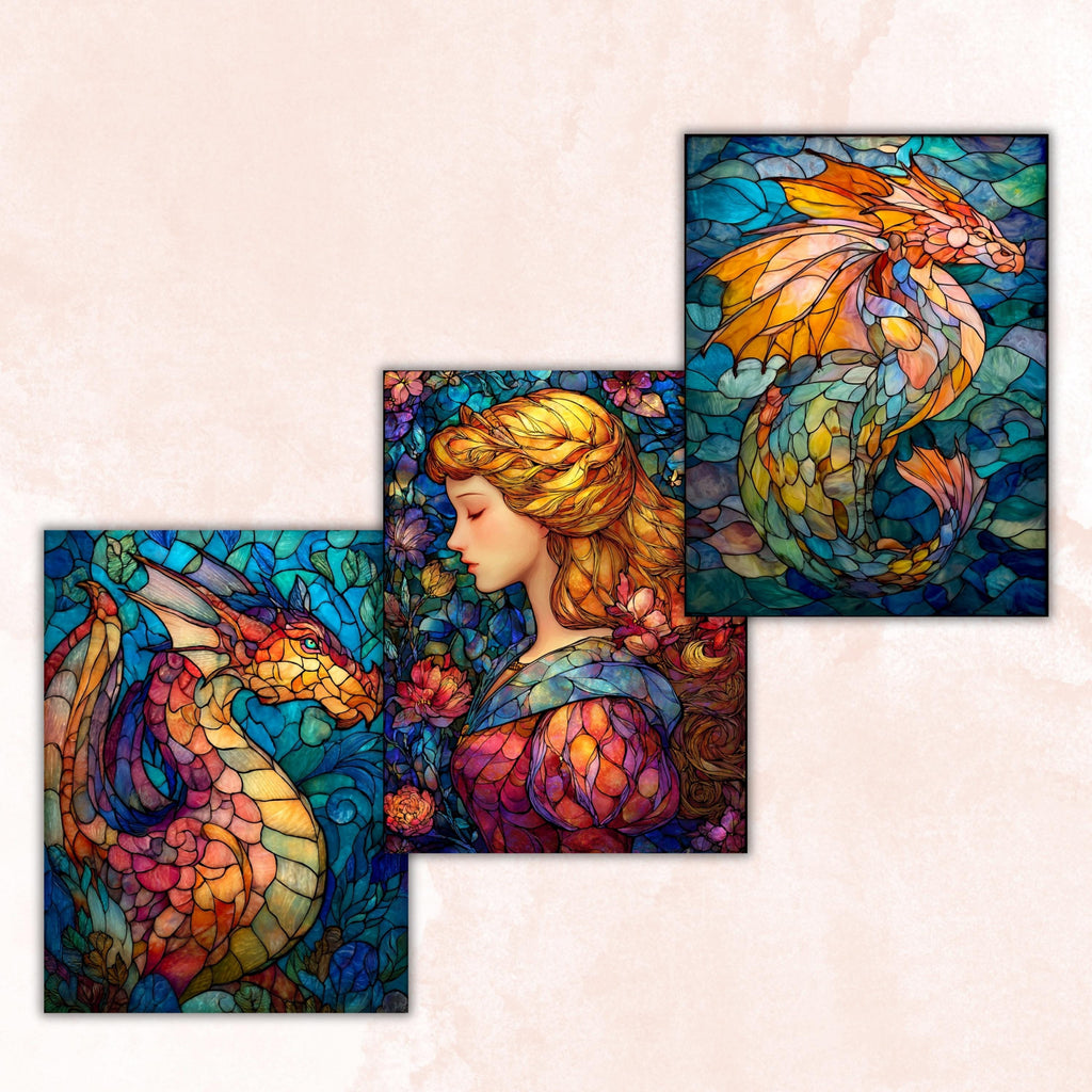 Stained Glass Tales Pages, Fantasy Storybook Backgrounds, Colorful Mosaic Junk Journal Paper, Magical Aesthetic Printable, Letter Size