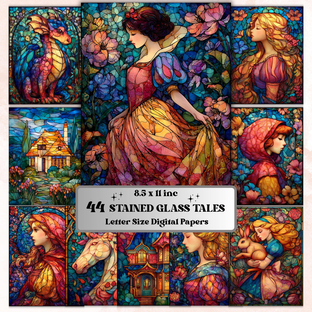 Stained Glass Tales Pages, Fantasy Storybook Backgrounds, Colorful Mosaic Junk Journal Paper, Magical Aesthetic Printable, Letter Size