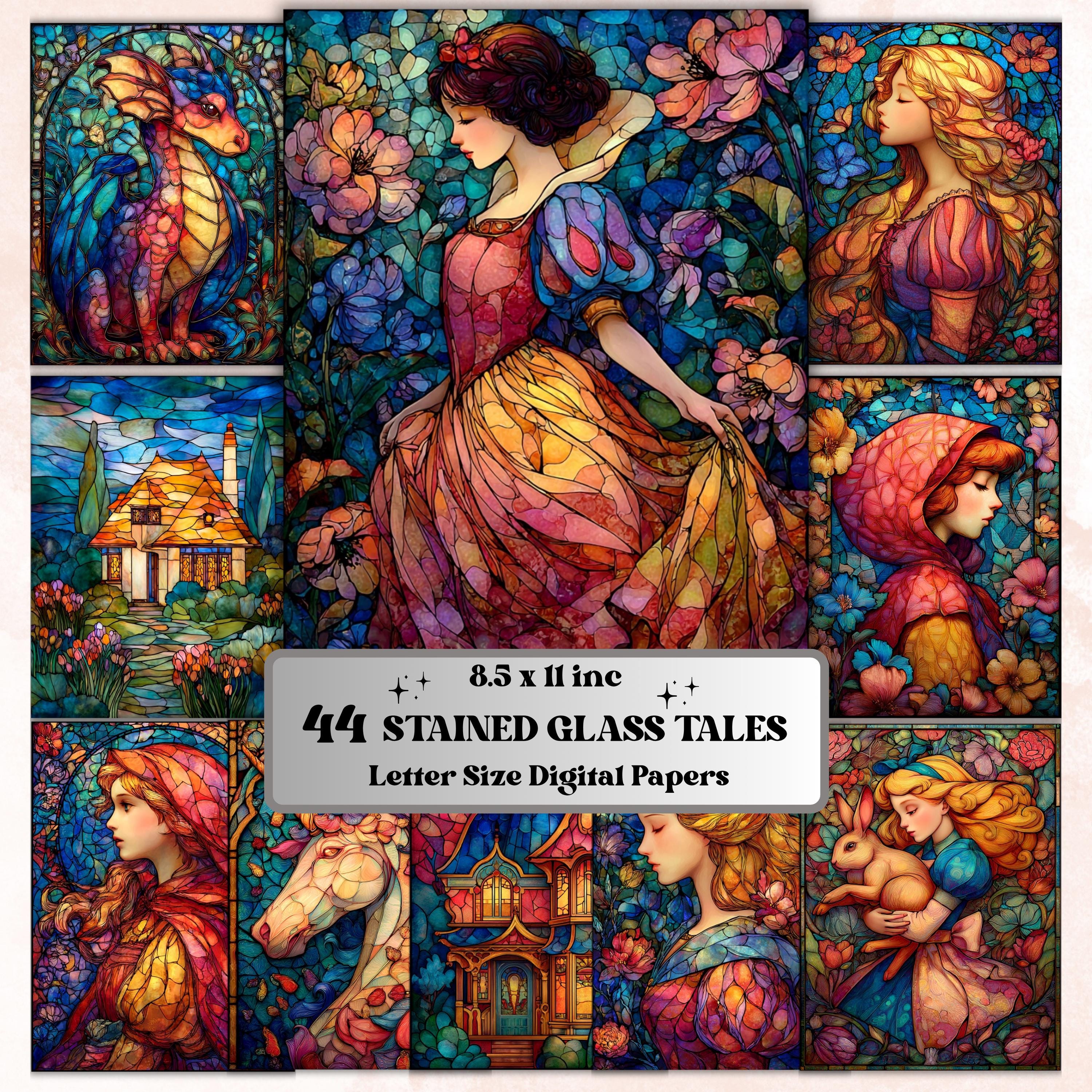 Stained Glass Tales Pages, Fantasy Storybook Backgrounds, Colorful Mosaic Junk Journal Paper, Magical Aesthetic Printable, Letter Size