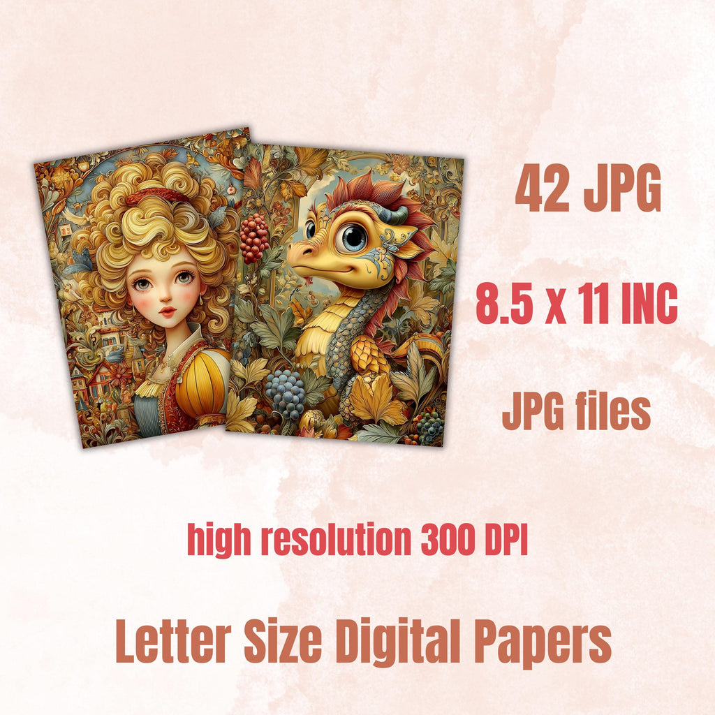 Golden Tales Pages, Luxury Fairytale Backgrounds, Gold Aesthetic Junk Journal Paper, Elegant Fantasy Printable, Letter Size