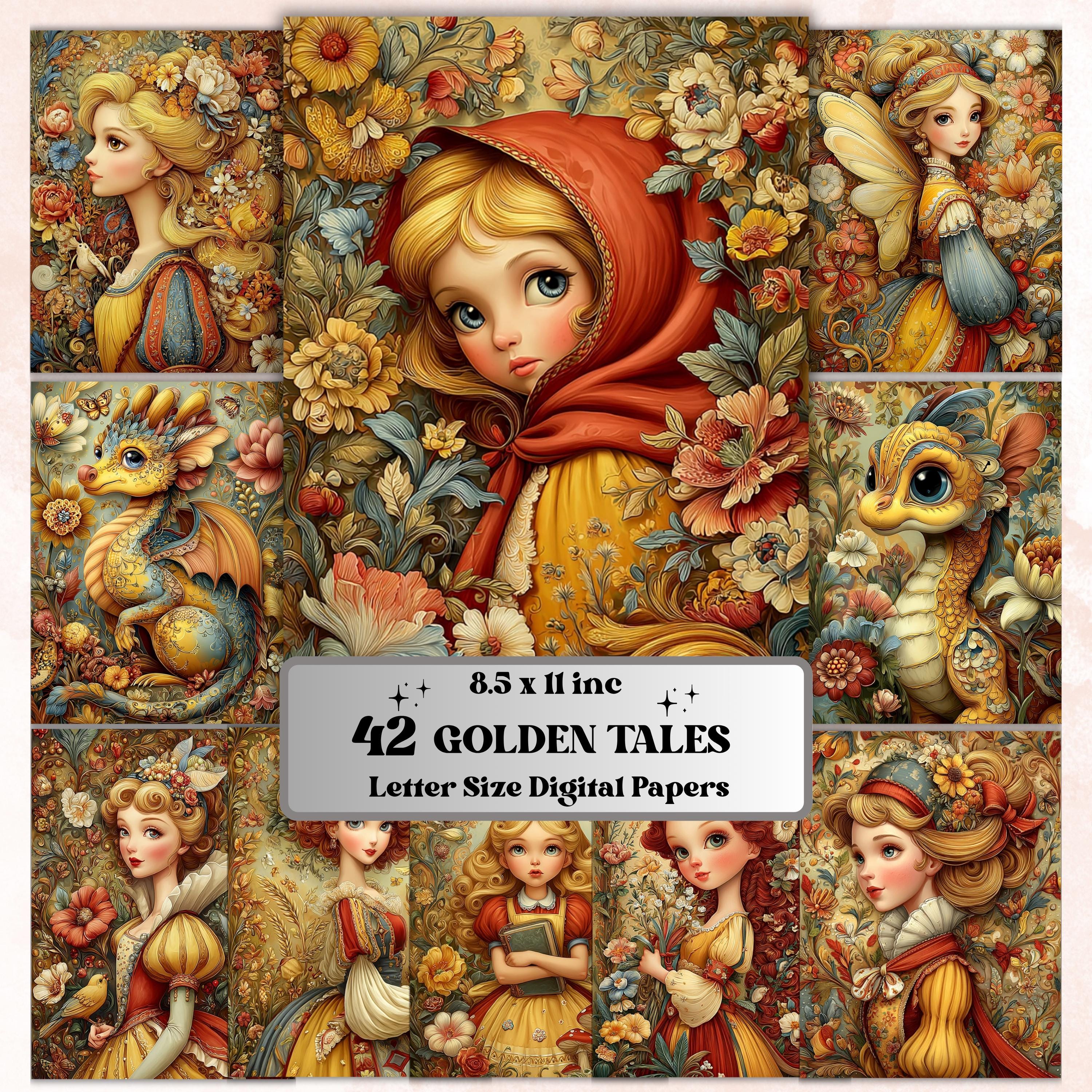 Golden Tales Pages, Luxury Fairytale Backgrounds, Gold Aesthetic Junk Journal Paper, Elegant Fantasy Printable, Letter Size