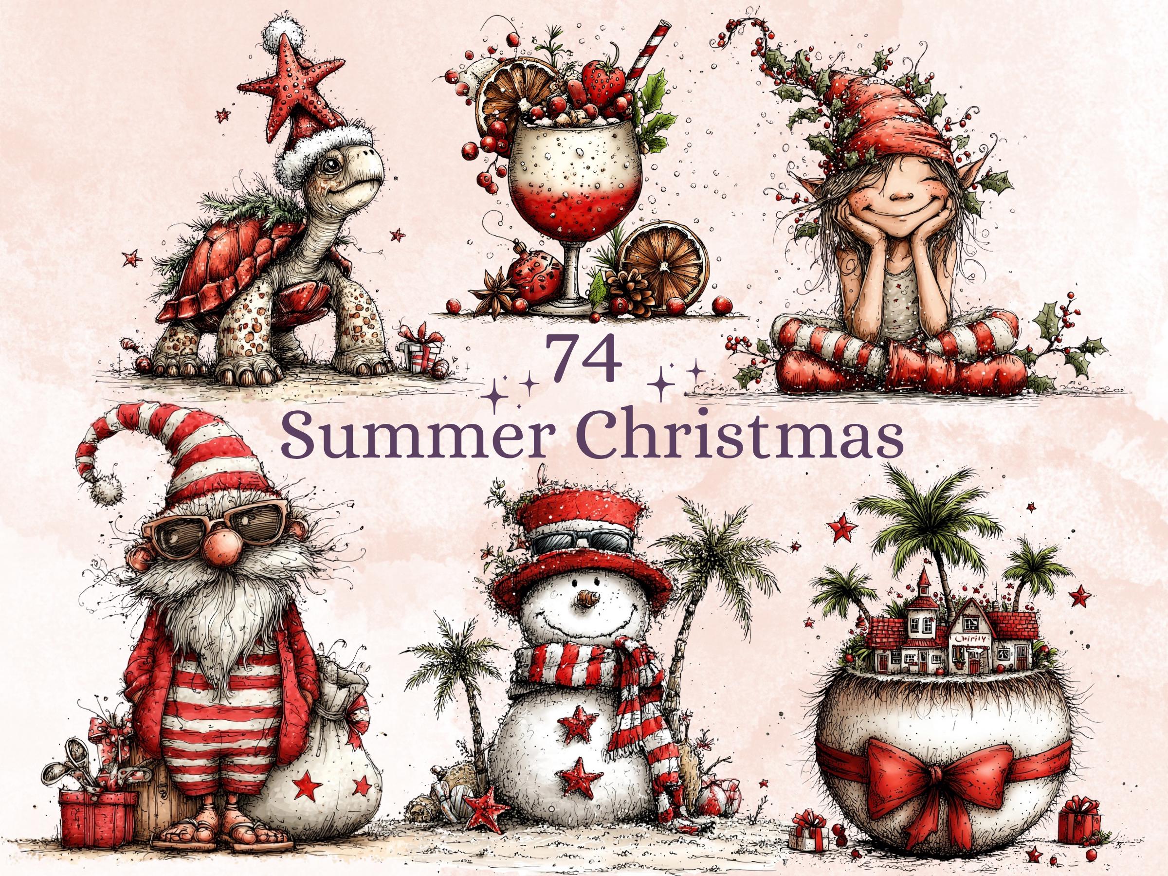 Summer Christmas Clipart Bundle | 74 Whimsical Quirky Xmas PNG | Beach Holiday Digital Download