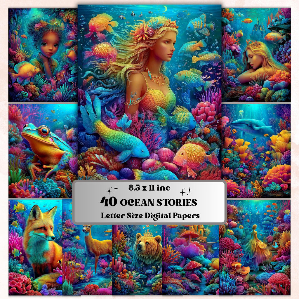 Ocean Stories Pages, Underwater Backgrounds, Sea Life Junk Journal Paper, Coastal Fantasy Collage Printable, Letter Size