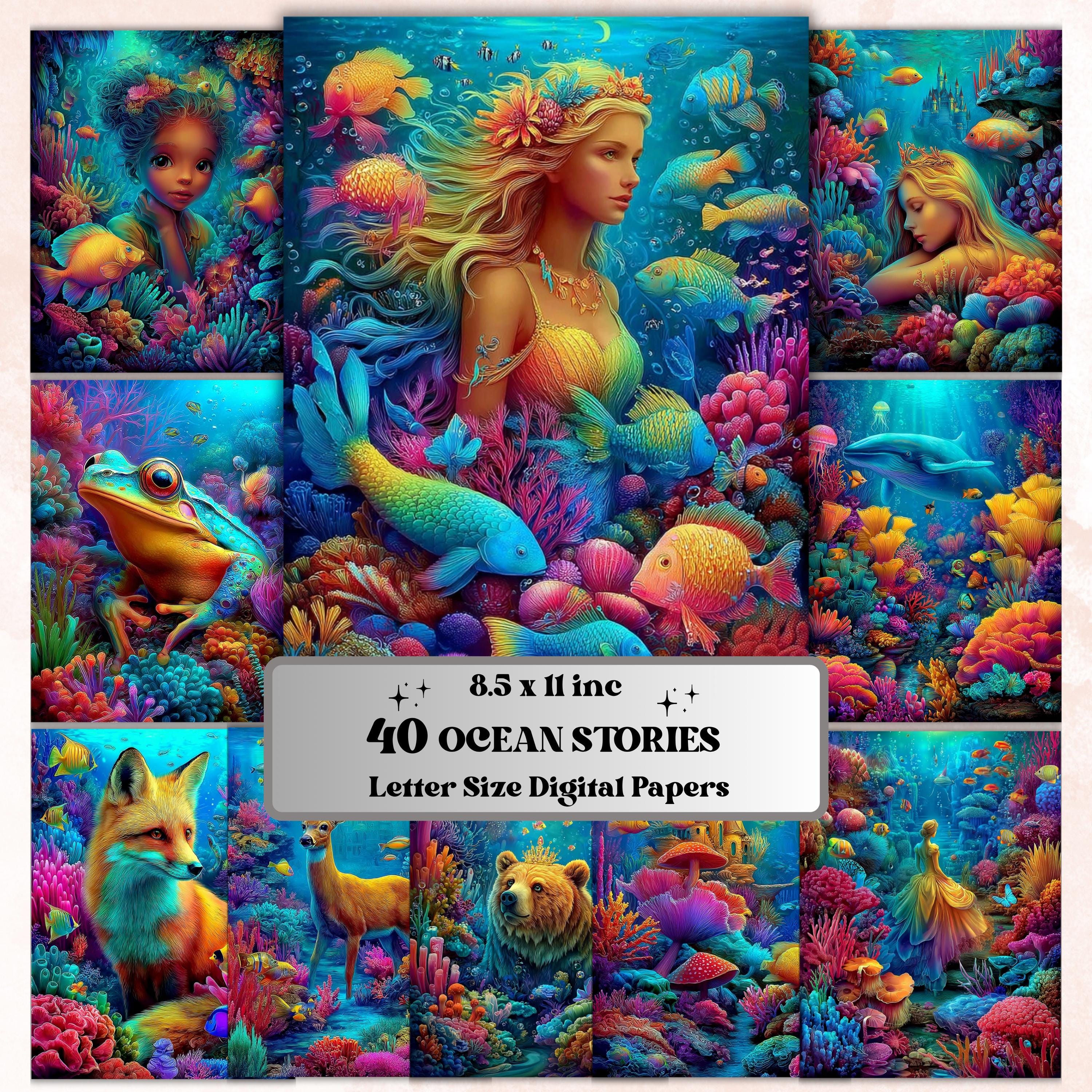 Ocean Stories Pages, Underwater Backgrounds, Sea Life Junk Journal Paper, Coastal Fantasy Collage Printable, Letter Size