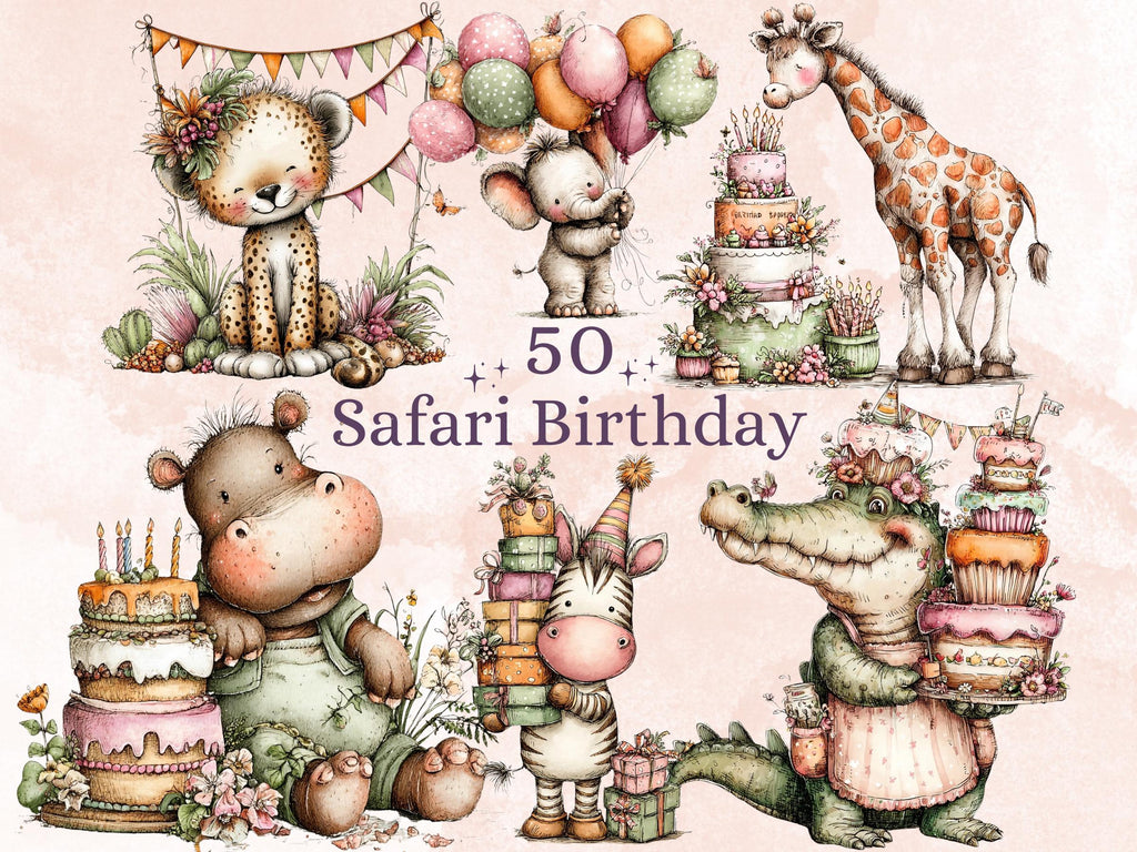 Safari Birthday Clipart, Whimsical Jungle Party Animals PNG Illustrations (Digital Download, Commercial Use)