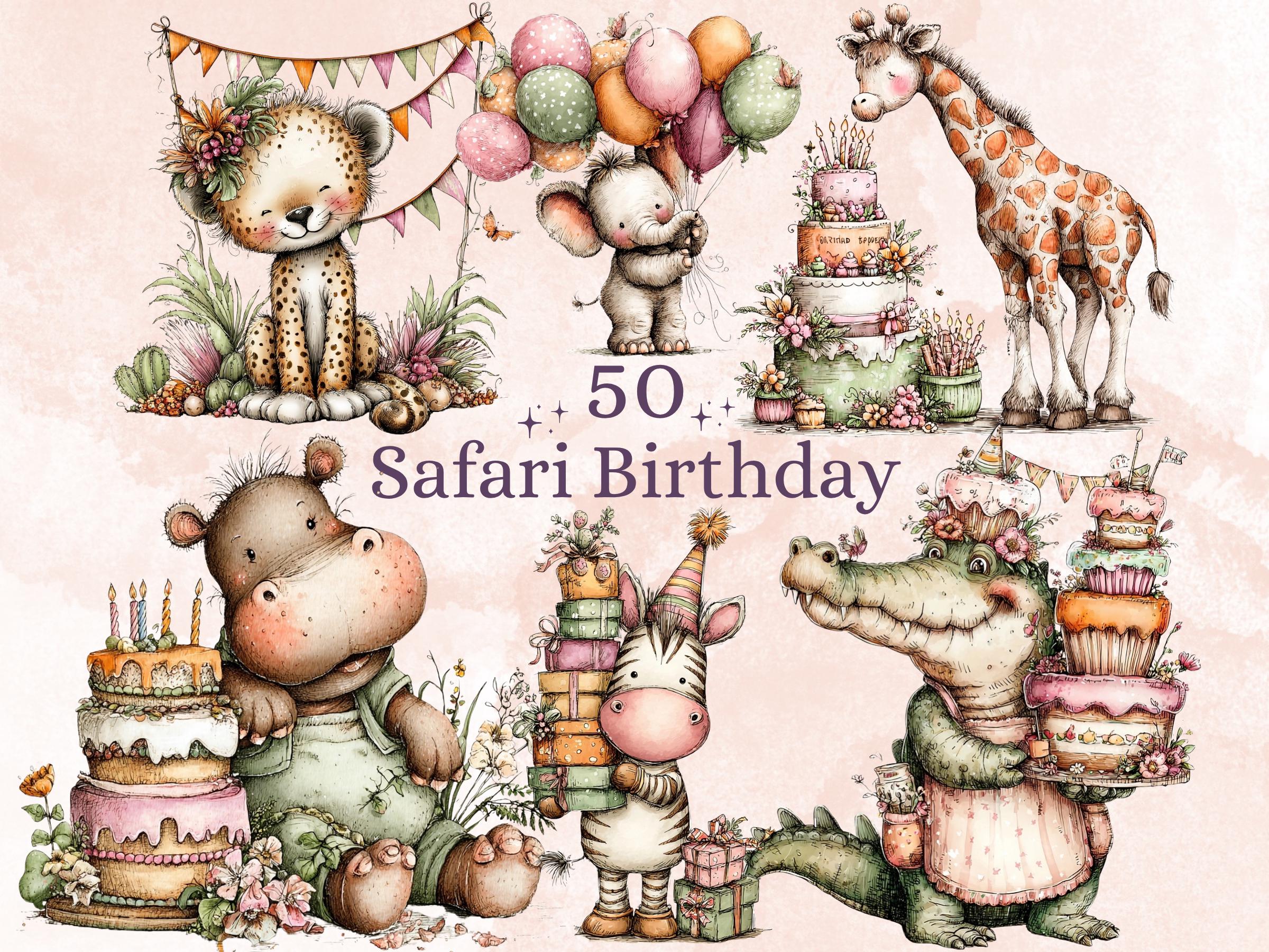 Safari Birthday Clipart, Whimsical Jungle Party Animals PNG Illustrations (Digital Download, Commercial Use)