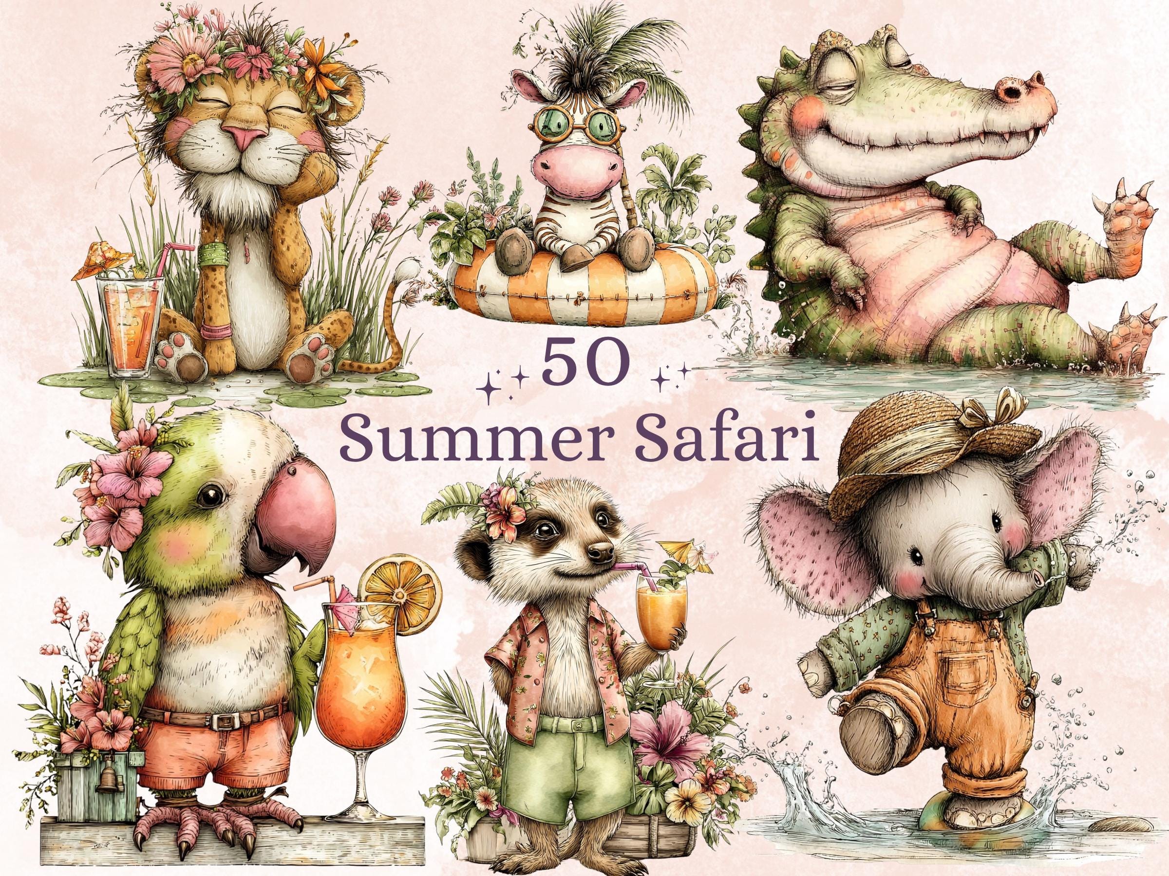 Summer Safari Clipart, Whimsical Quirky Jungle Animals PNG Illustrations (Digital Download, Commercial Use)