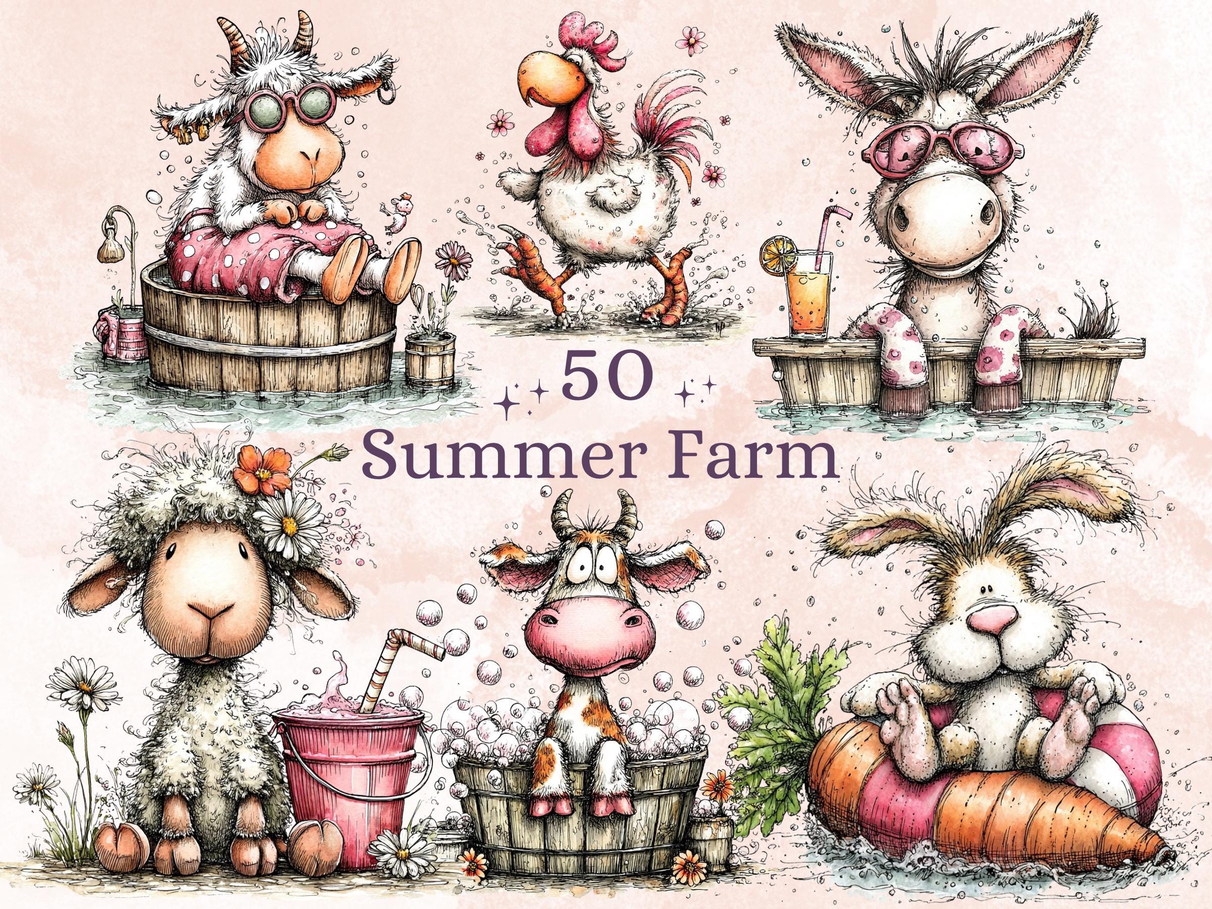 Summer Farm Clipart, Whimsical Quirky Farm Animals PNG Illustrations (Digital Download, Commercial Use)