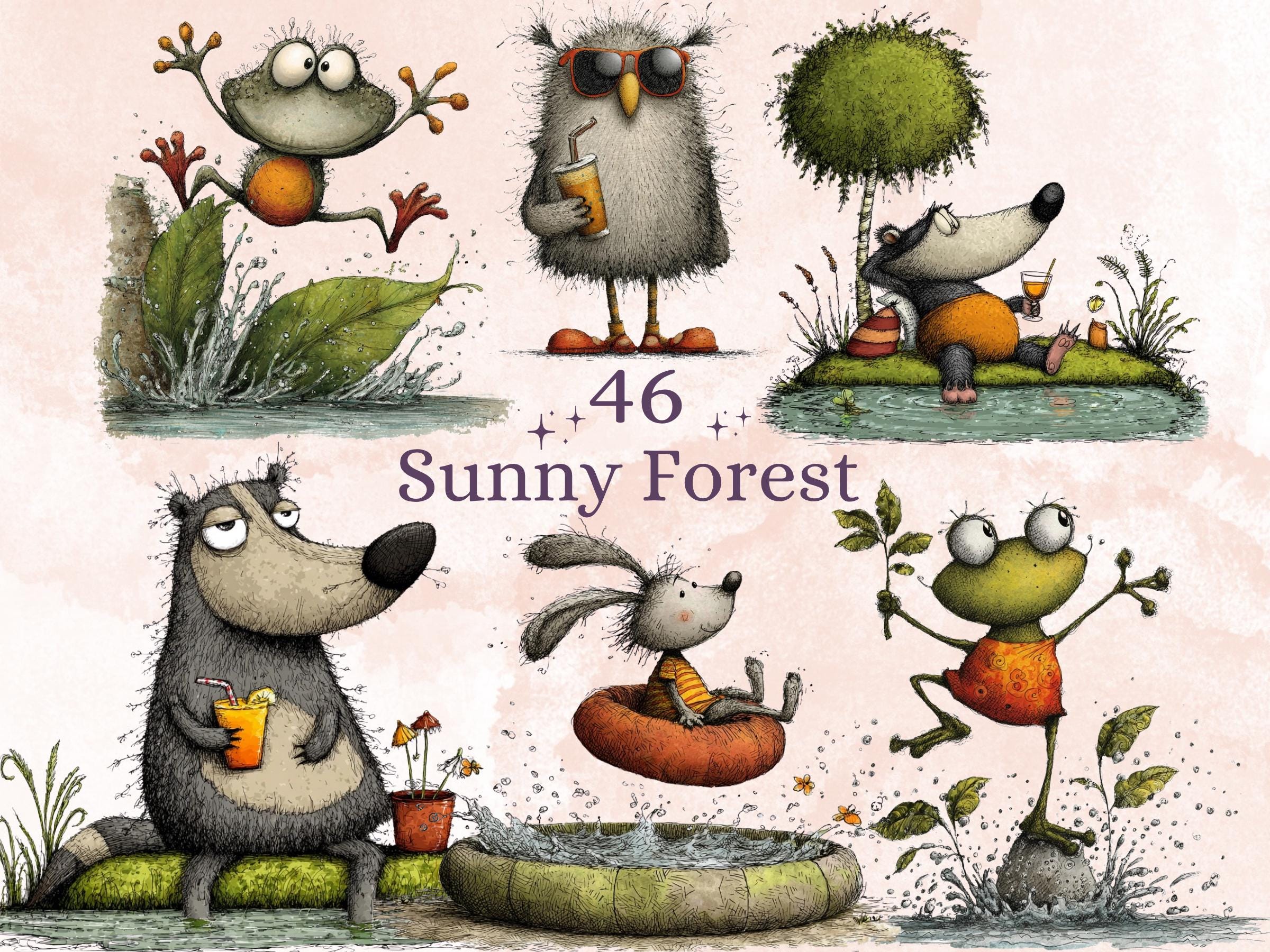 Summer Forest Animals Clipart, Whimsical Quirky Woodland PNG Illustrations (Digital Download, Commercial Use)