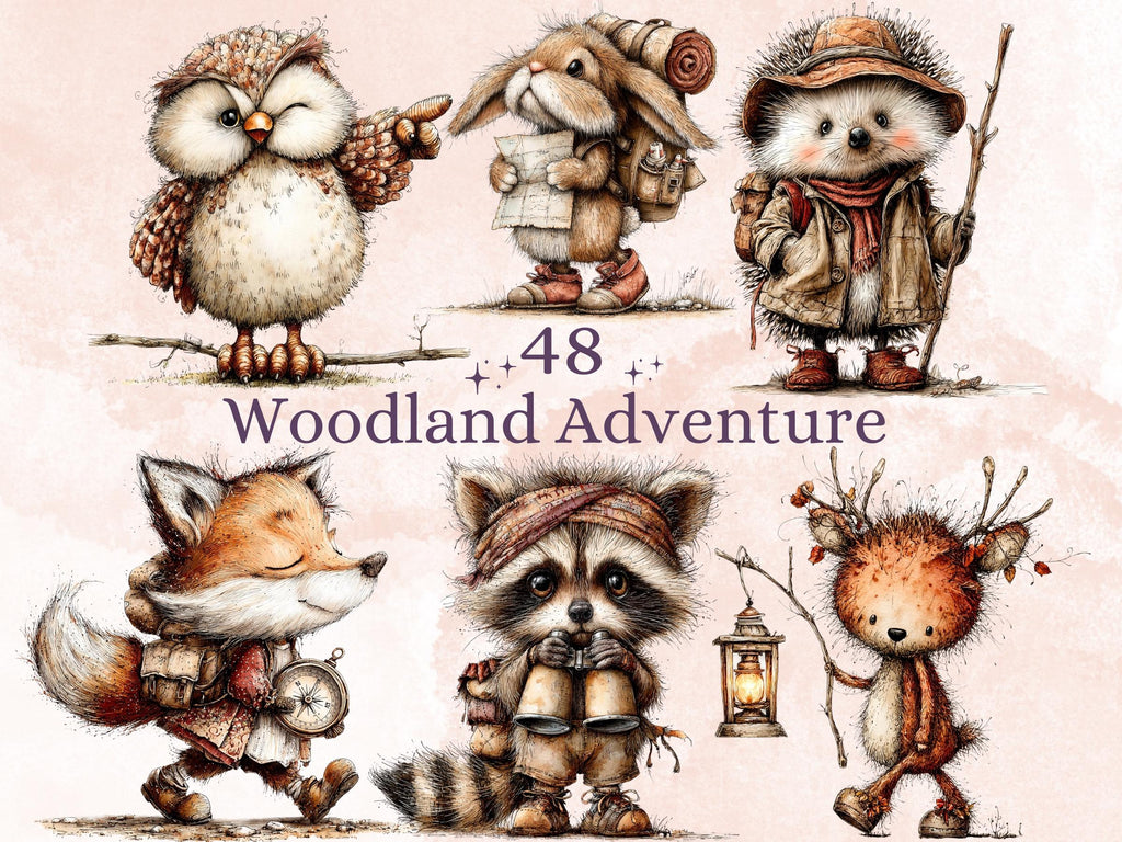 Woodland Adventure Clipart, Whimsical Quirky Forest Animals PNG Illustrations (Digital Download, Commercial Use)