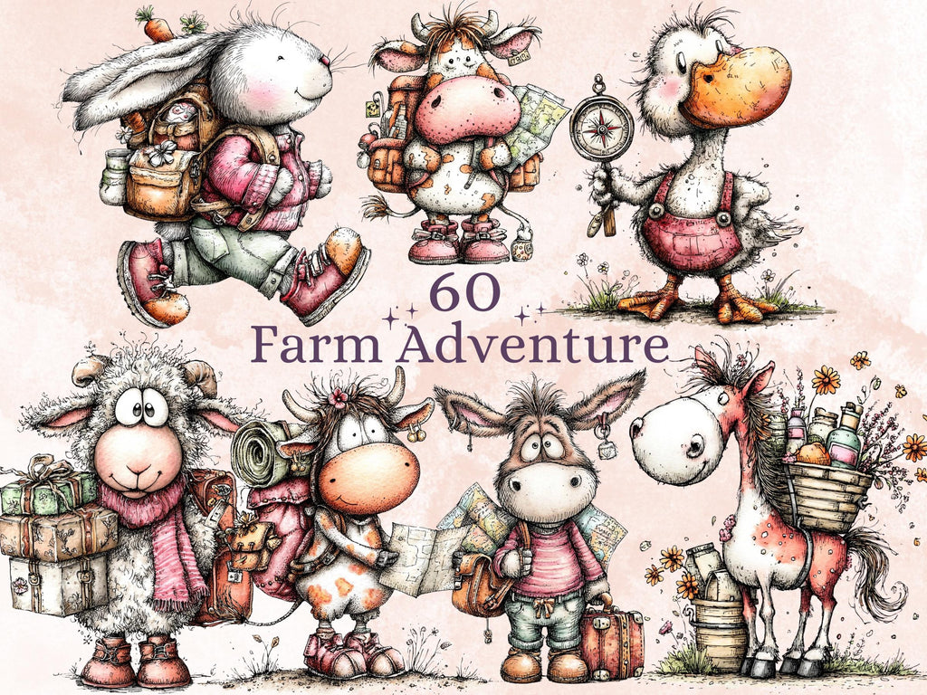 Farm Adventure Clipart, Whimsical Quirky Farm Animals PNG Illustrations (Digital Download, Commercial Use)