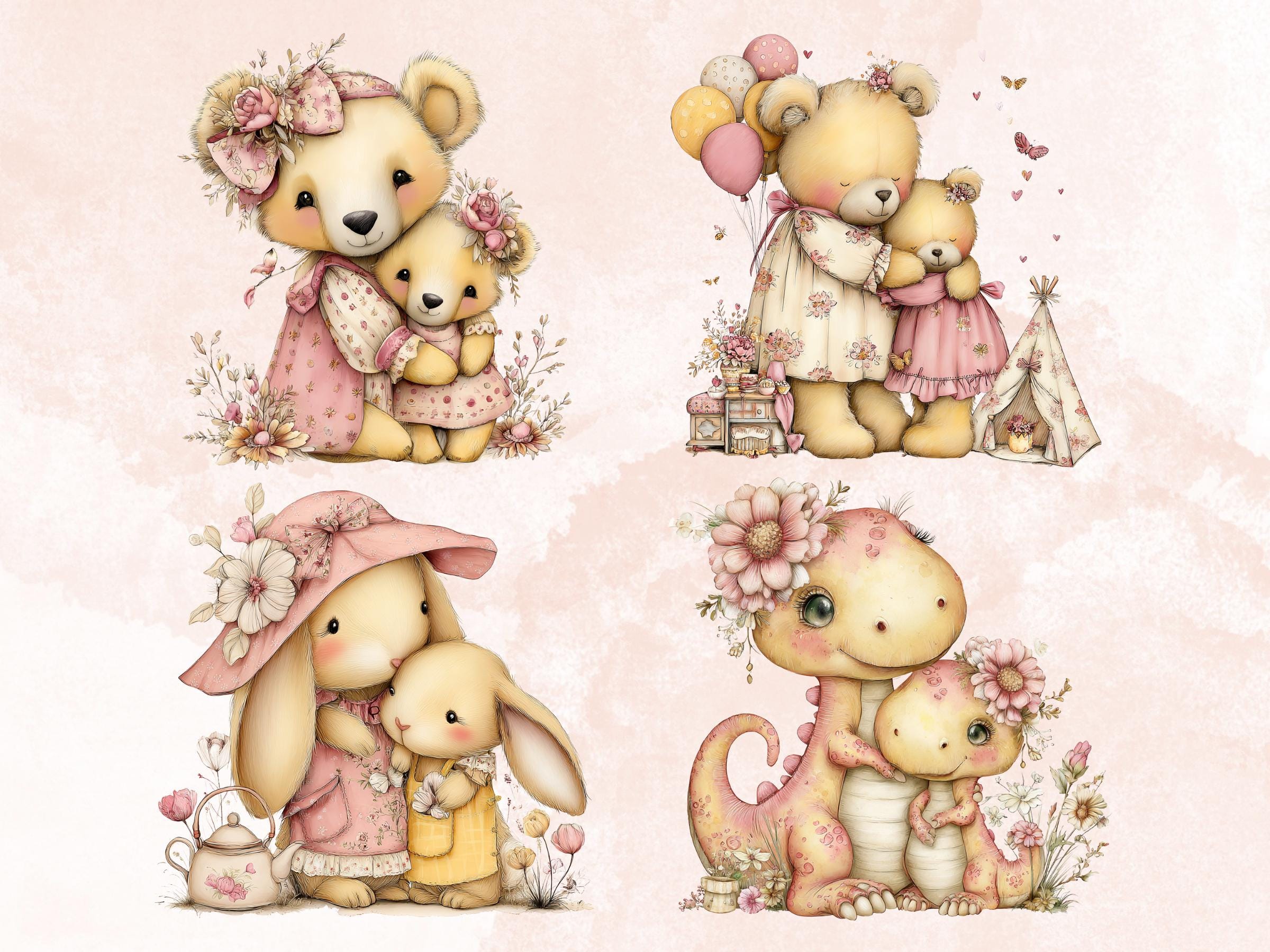 Pastel Mother's Day Animal Clipart | Whimsical Mom Baby PNG Illustrations (Digital Download)